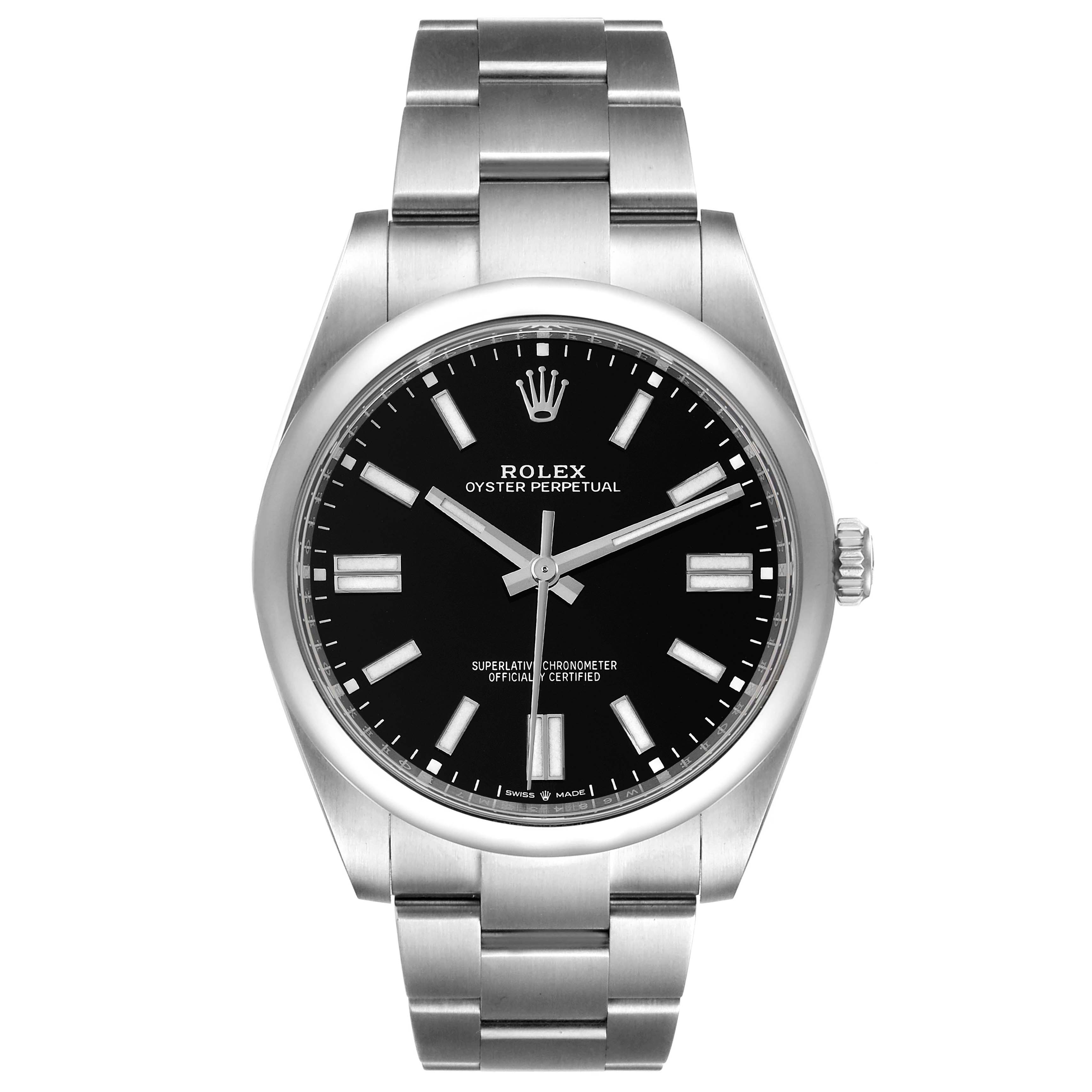 This image shows a frontal view of a Rolex Oyster Perpetual 124300 Men
s Stainless Steel Black Dial 124300 Men
s Stainless Steel Black Dial watch, displaying the dial, hands, bracelet, and crown.