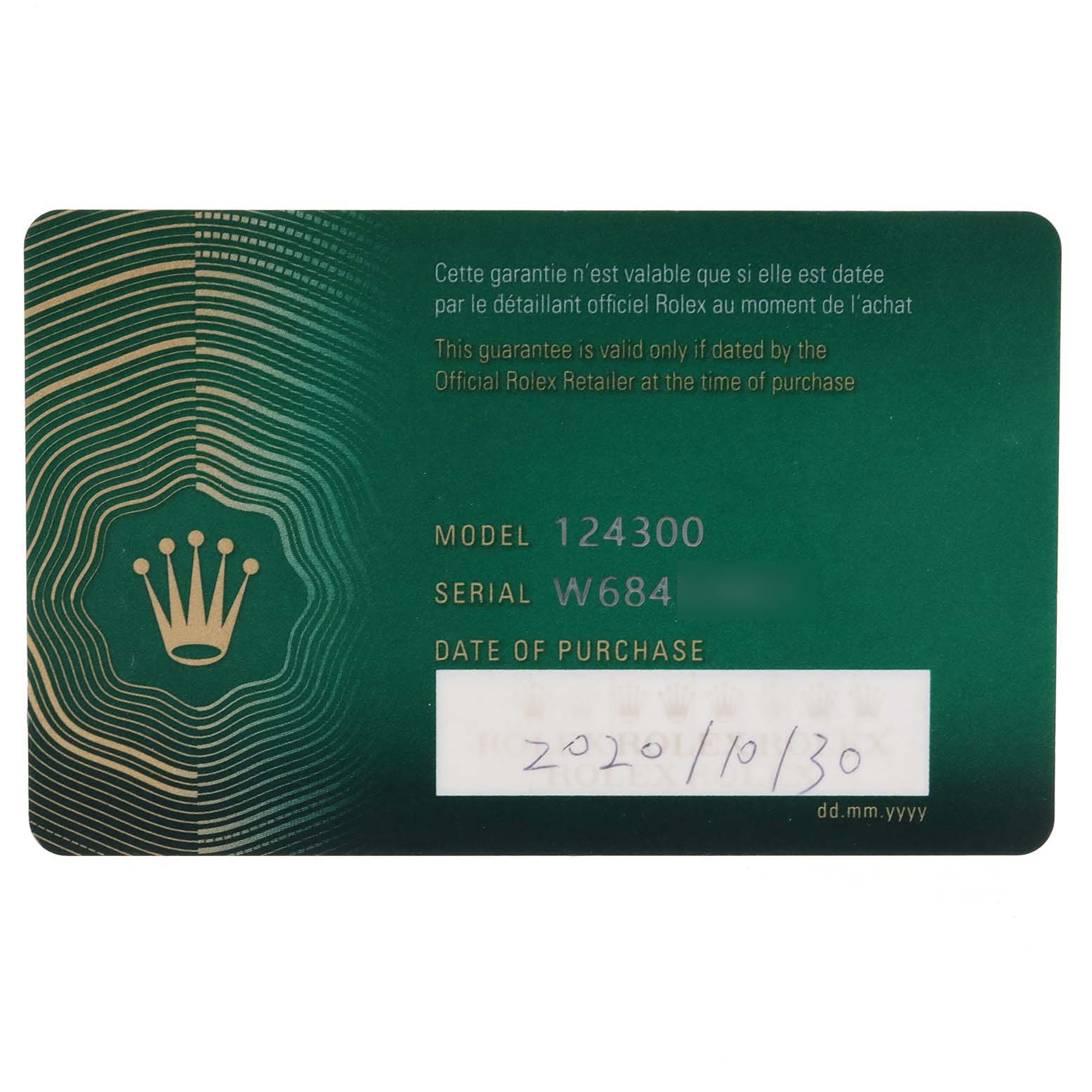 The image shows a warranty card for the Rolex Oyster Perpetual 124300 Men
s Stainless Steel Black Dial 124300 Men
s Stainless Steel Black Dial model 124300, displaying the model number, serial number, and date of purchase.