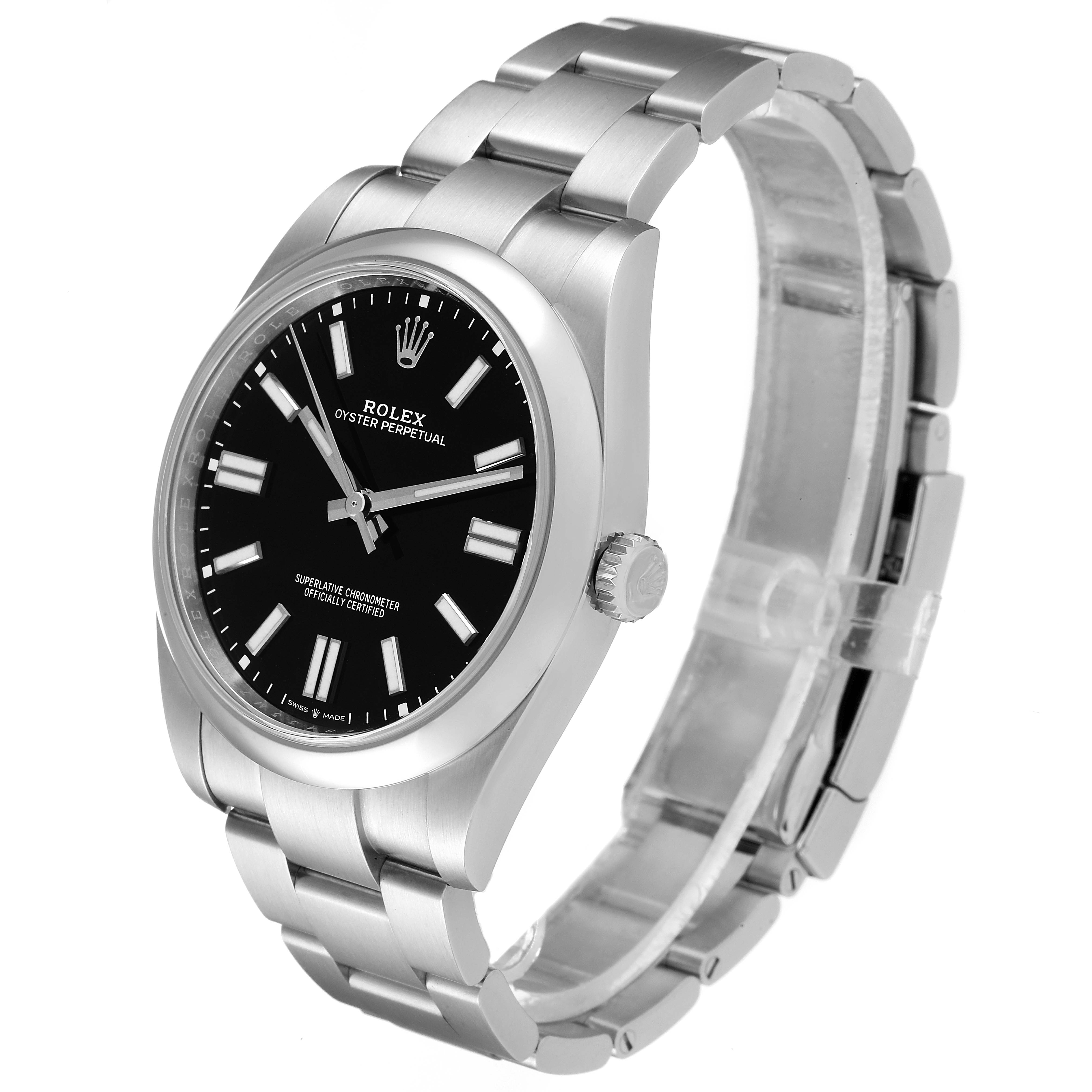 This image shows a side and front view of a Rolex Oyster Perpetual 124300 Men
s Stainless Steel Black Dial 124300 Men
s Stainless Steel Black Dial watch, highlighting its black dial and stainless steel bracelet.