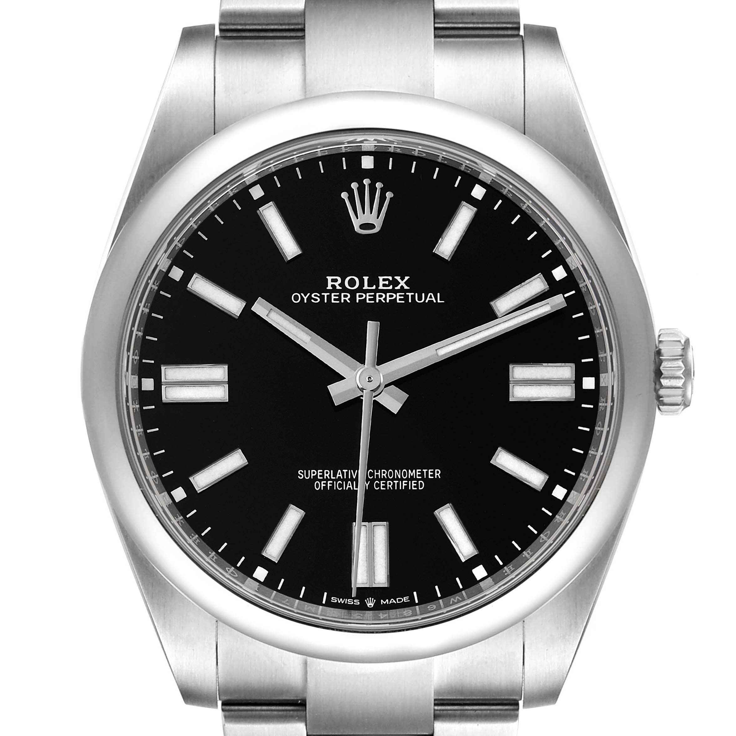 This image shows a front-facing view of a Rolex Oyster Perpetual 124300 Men
s Stainless Steel Black Dial 124300 Men
s Stainless Steel Black Dial watch, displaying the watch face and part of the bracelet.