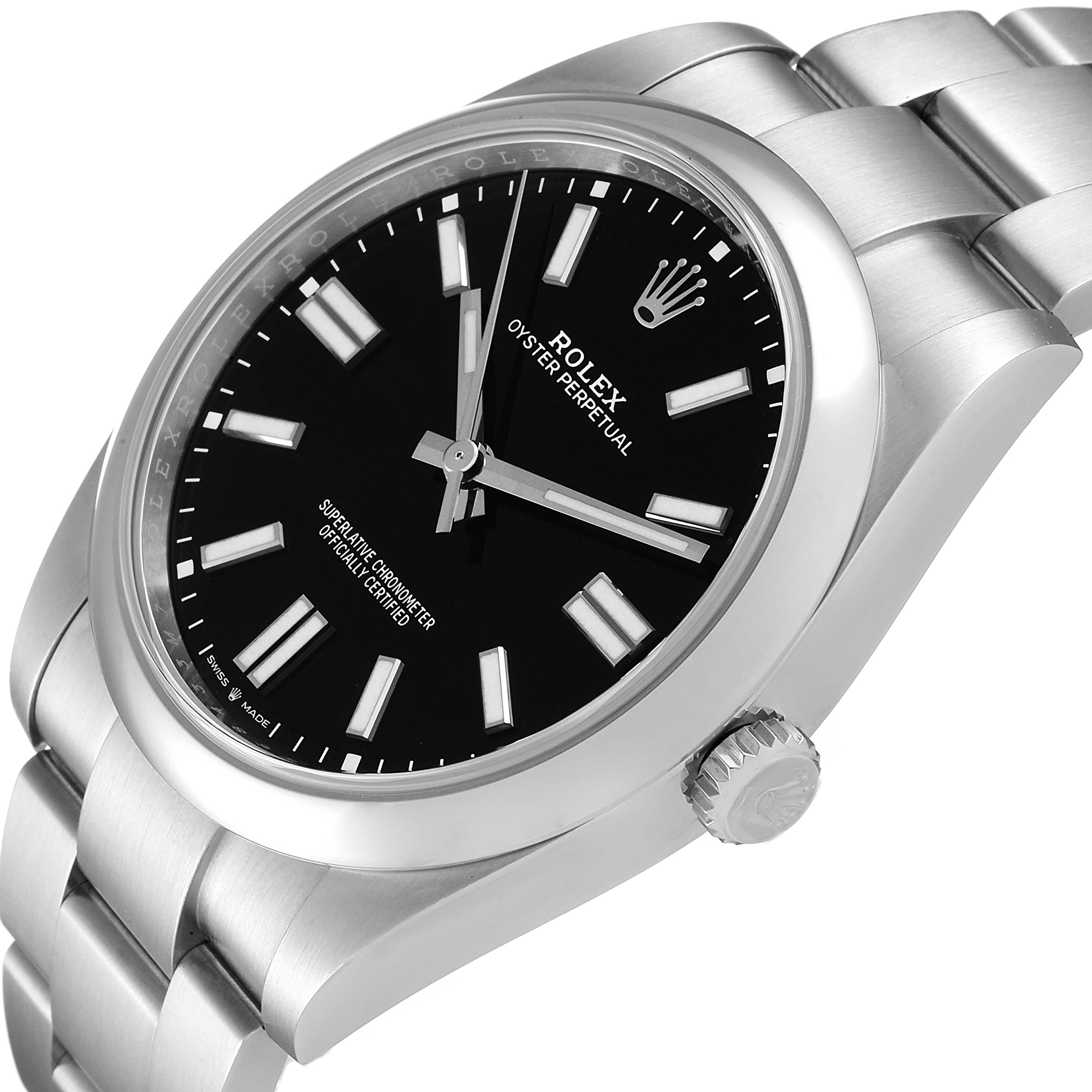 This image shows the Rolex Oyster Perpetual 124300 Men
s Stainless Steel Black Dial 124300 Men
s Stainless Steel Black Dial watch at a slight angle, highlighting the dial, bezel, crown, and part of the bracelet.