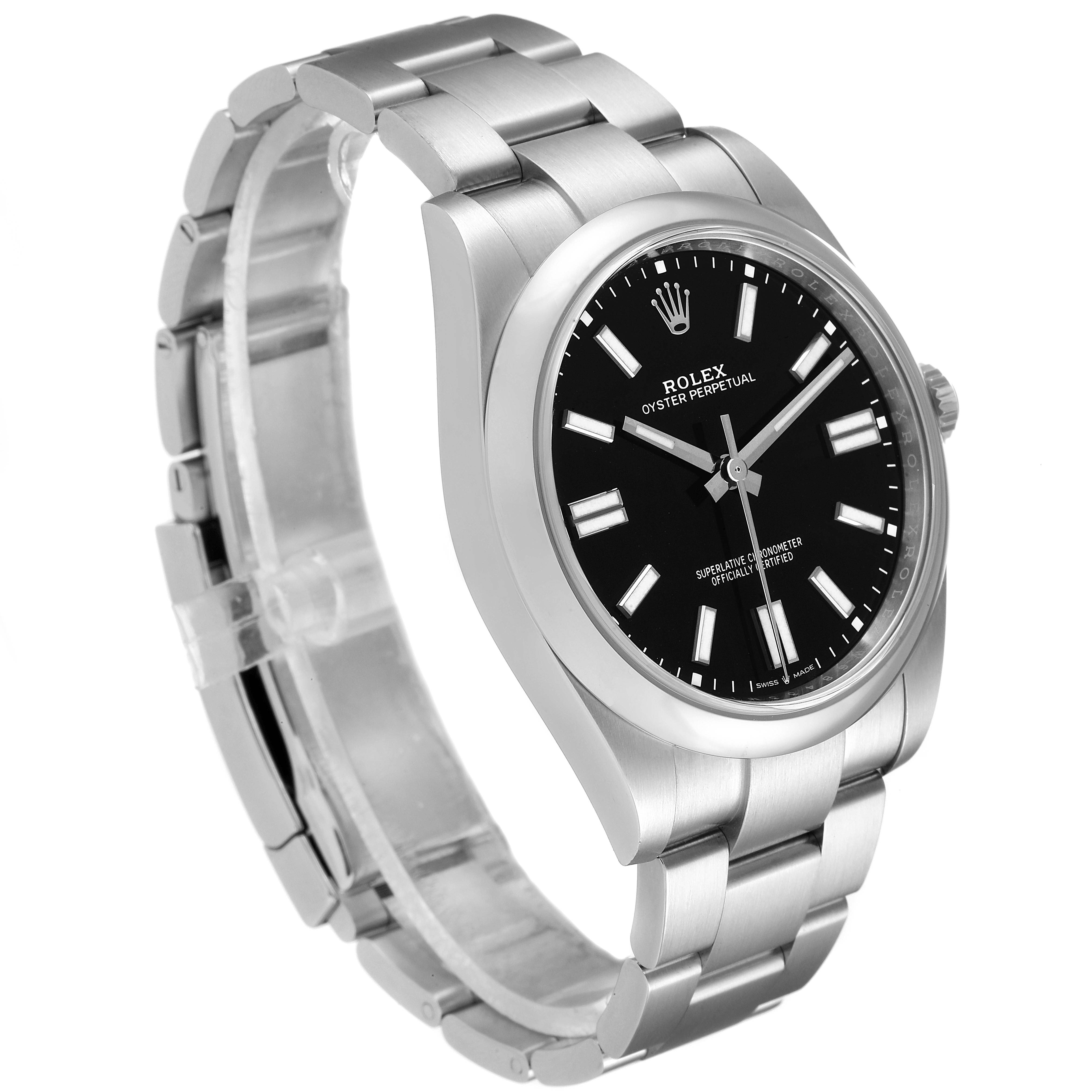 The image shows a side and front angle of the Rolex Oyster Perpetual 124300 Men
s Stainless Steel Black Dial 124300 Men
s Stainless Steel Black Dial watch, featuring its stainless steel case and black dial.