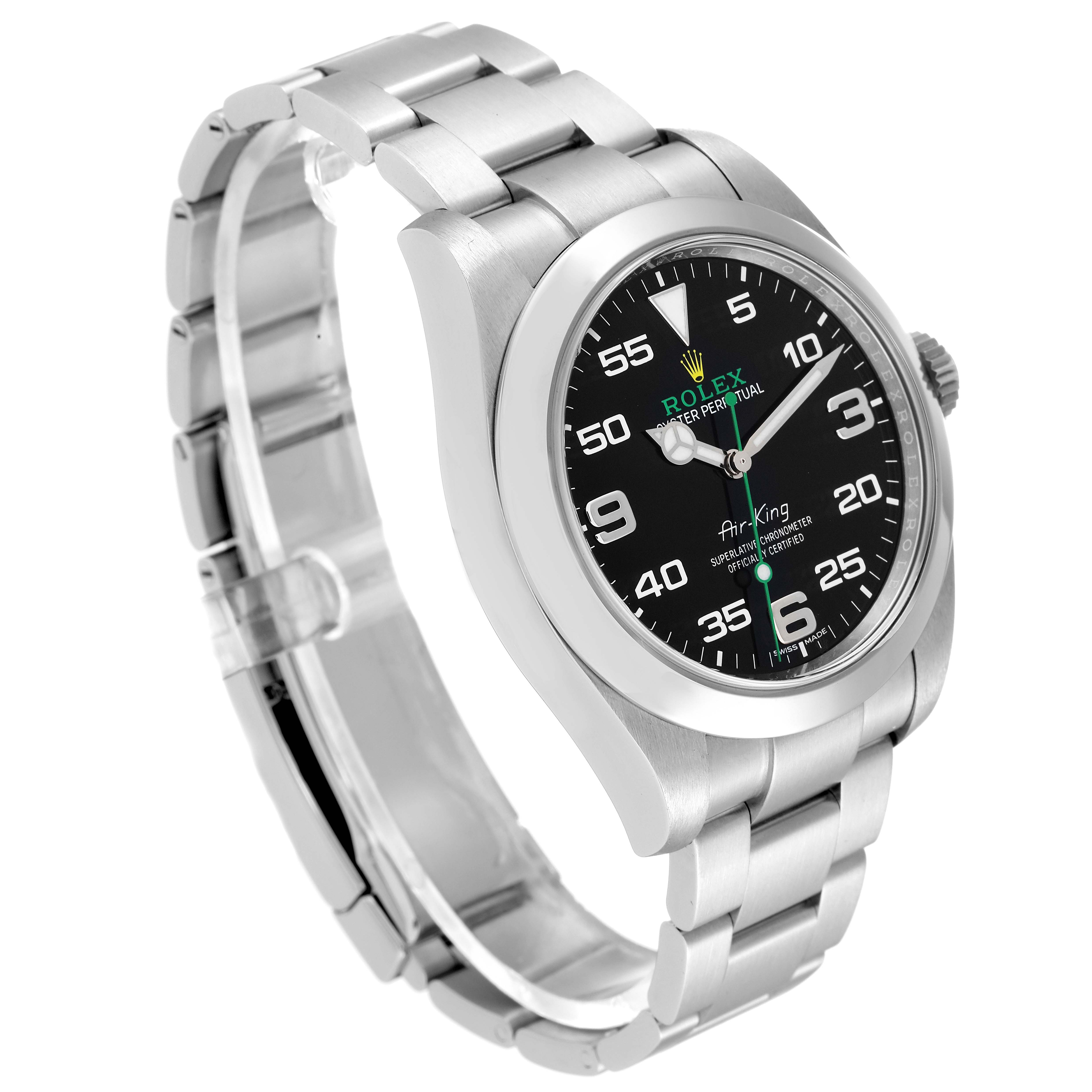 The Rolex Air-King 116900 Men's Stainless Steel Black Dial 116900 Men's Stainless Steel Black Dial watch is shown at a slight angle, displaying the face, bezel, and part of the band.