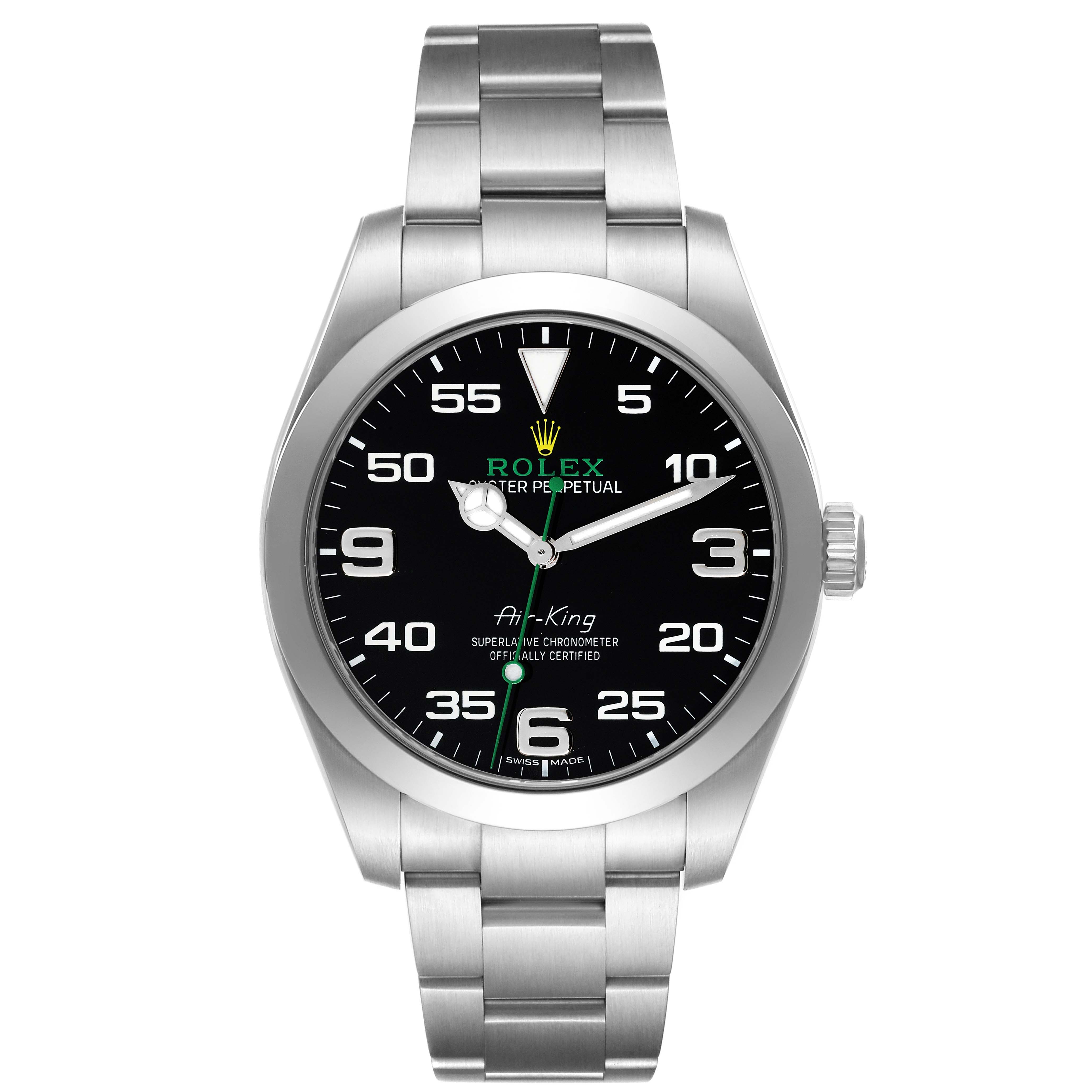 This image shows a front view of the Rolex Air-King 116900 Men's Stainless Steel Black Dial 116900 Men's Stainless Steel Black Dial watch, including the dial, bezel, case, and bracelet.
