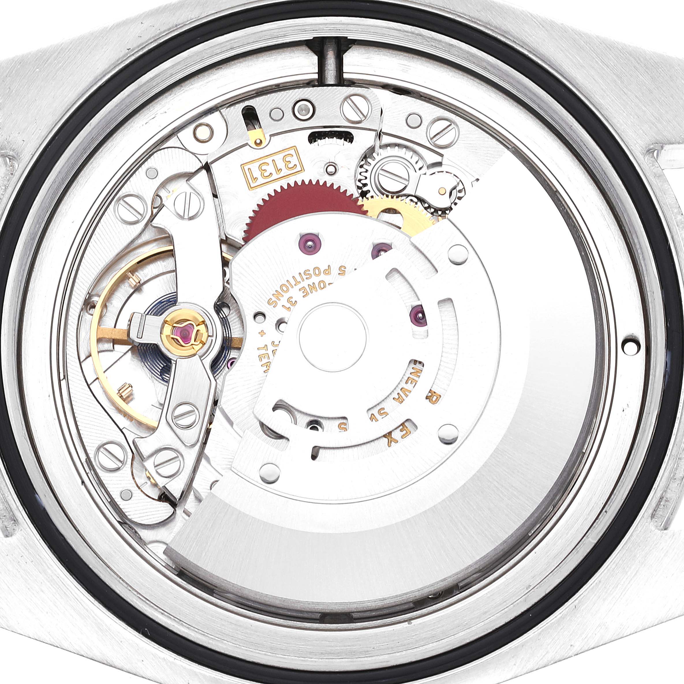 This image shows the internal mechanical movement of the Rolex Air-King 116900 Men's Stainless Steel Black Dial 116900 Men's Stainless Steel Black Dial watch from a top-down angle.