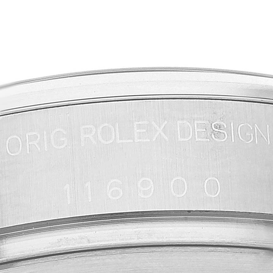 The image shows a close-up of the engraving on the side of the Rolex Air-King 116900 Men's Stainless Steel Black Dial 116900 Men's Stainless Steel Black Dial model 116900.