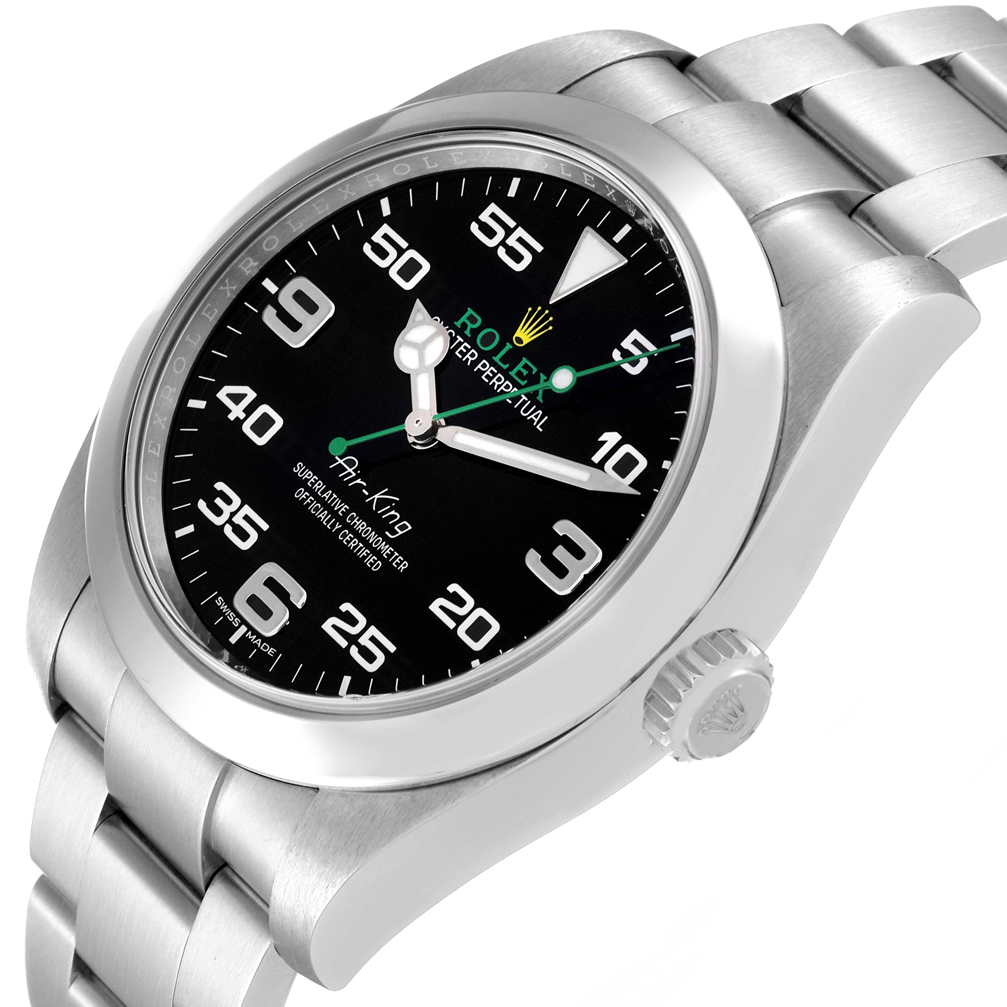 The image shows a Rolex Air-King 116900 Men's Stainless Steel Black Dial 116900 Men's Stainless Steel Black Dial watch from an angled view, highlighting the dial, bracelet, and crown.