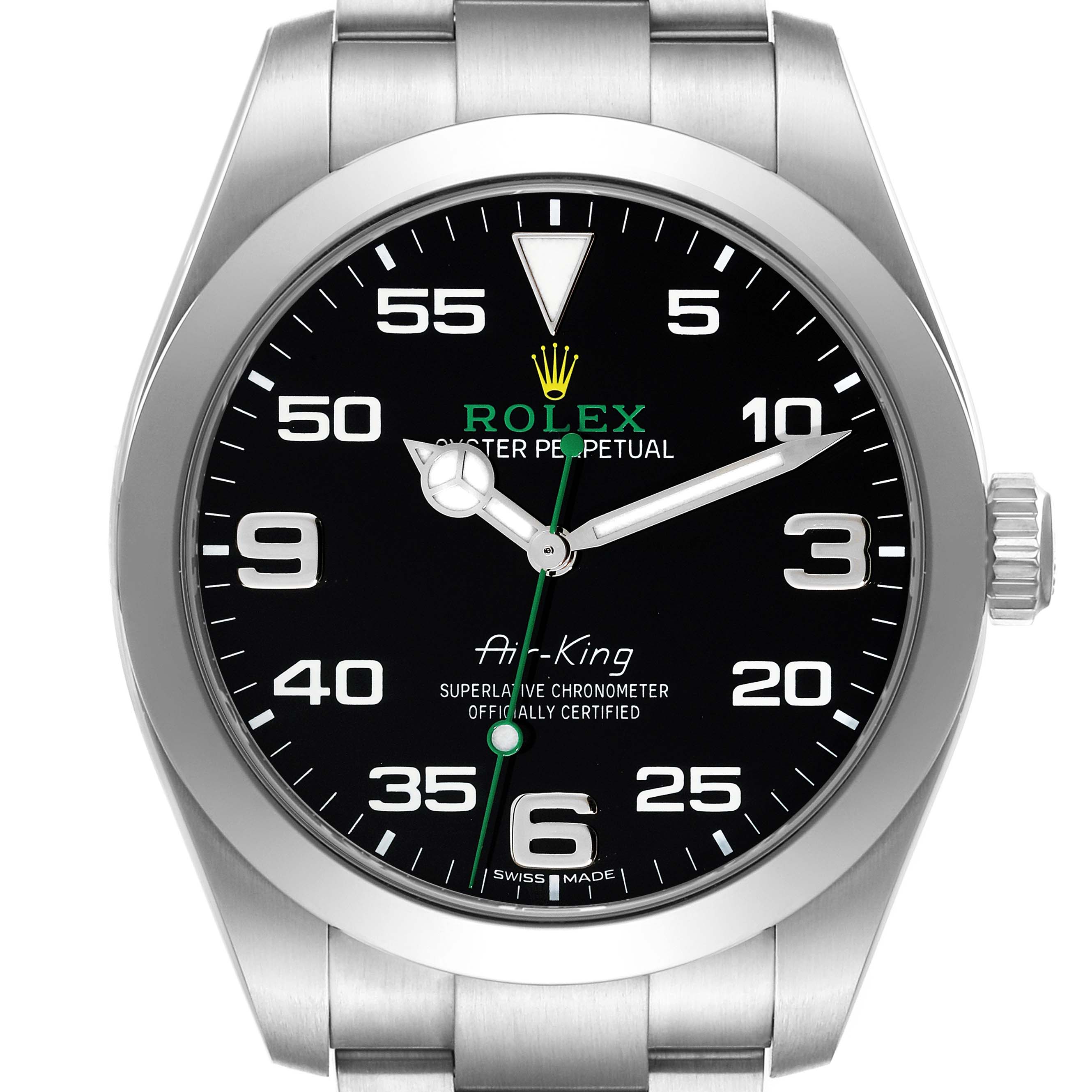 This is a close-up frontal view of the Rolex Air-King 116900 Men's Stainless Steel Black Dial 116900 Men's Stainless Steel Black Dial watch, showing its dial, hands, and part of the bracelet.