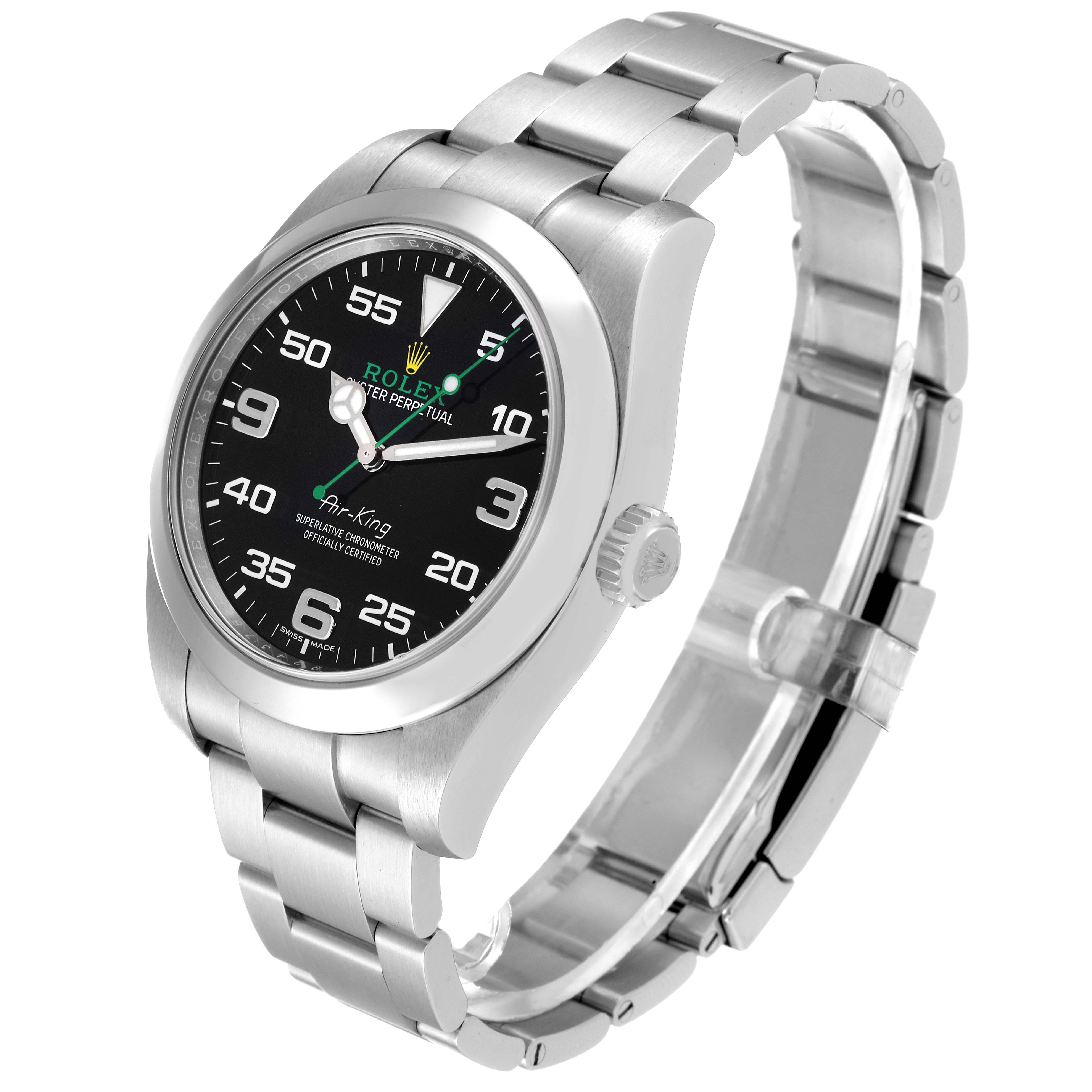 This image shows the Rolex Air-King 116900 Men's Stainless Steel Black Dial 116900 Men's Stainless Steel Black Dial watch at an angled perspective, highlighting its dial, bezel, crown, and bracelet.