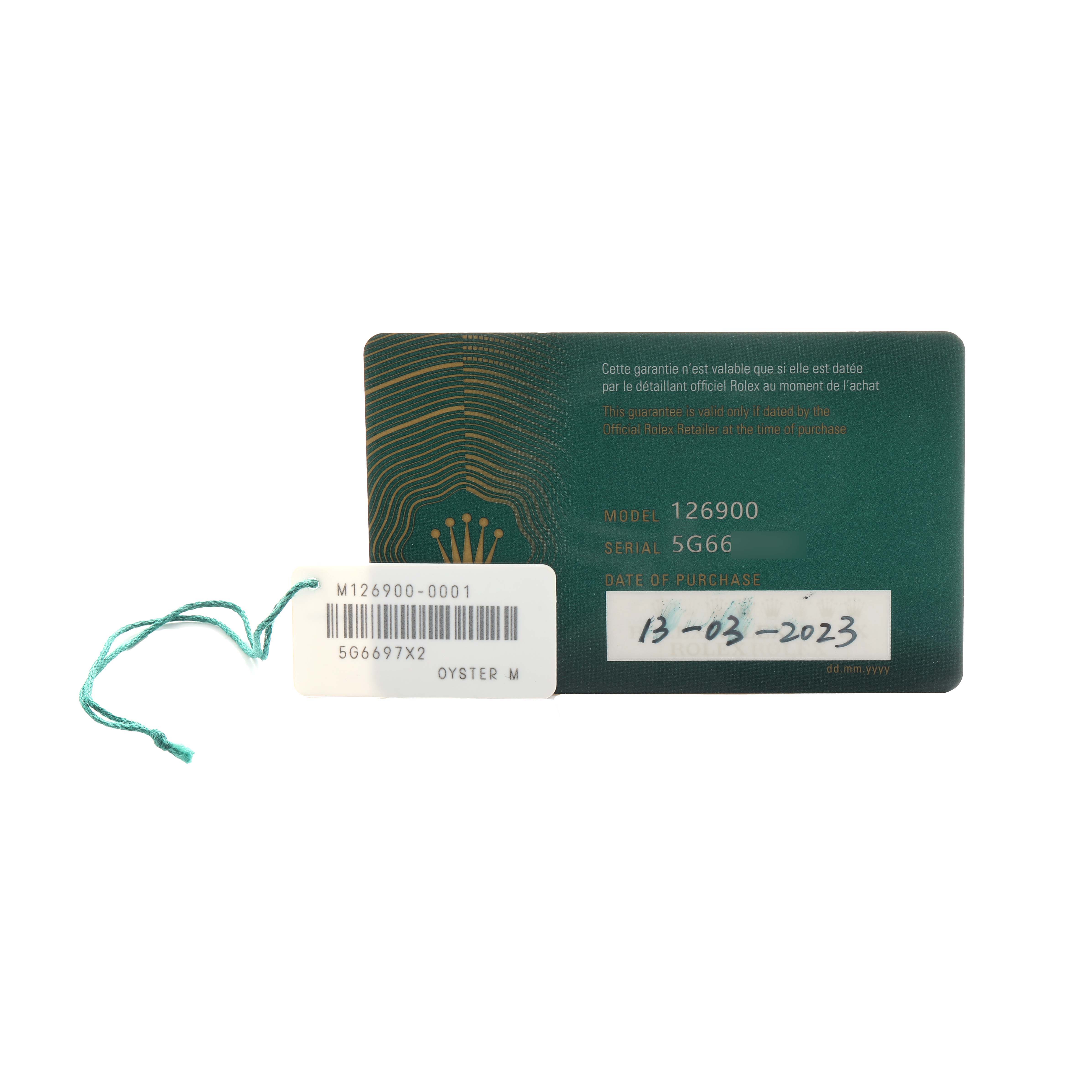 The image shows a warranty card and a tag for a Rolex Air-King 126900 Men
s Stainless Steel Black Dial watch, including model and serial numbers.