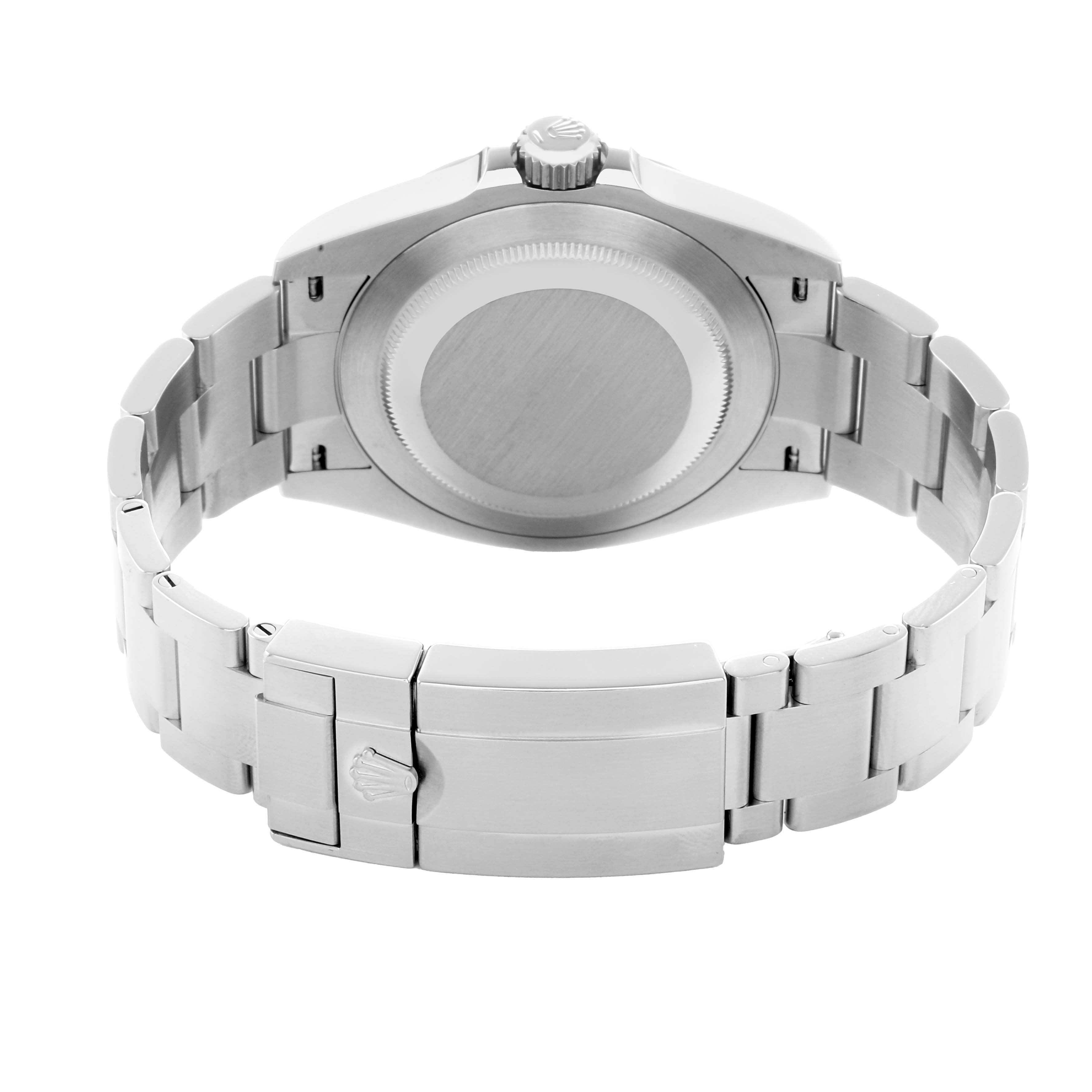 The image shows the back view of a Rolex Air-King 126900 Men
s Stainless Steel Black Dial watch, focusing on the case back, bracelet, and clasp.