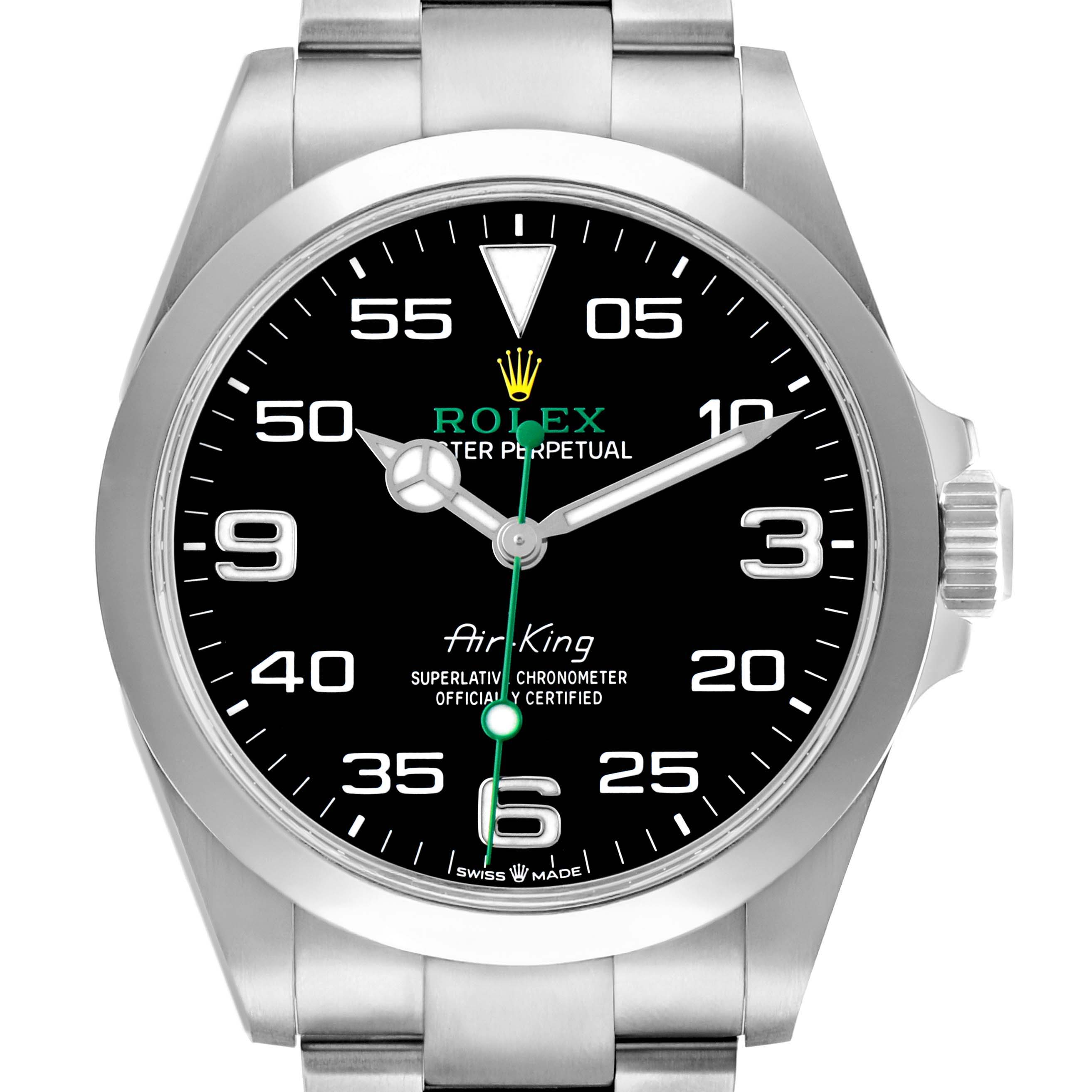 The Rolex Air-King 126900 Men
s Stainless Steel Black Dial watch is shown from a front angle, displaying the face, bezel, and part of the bracelet.