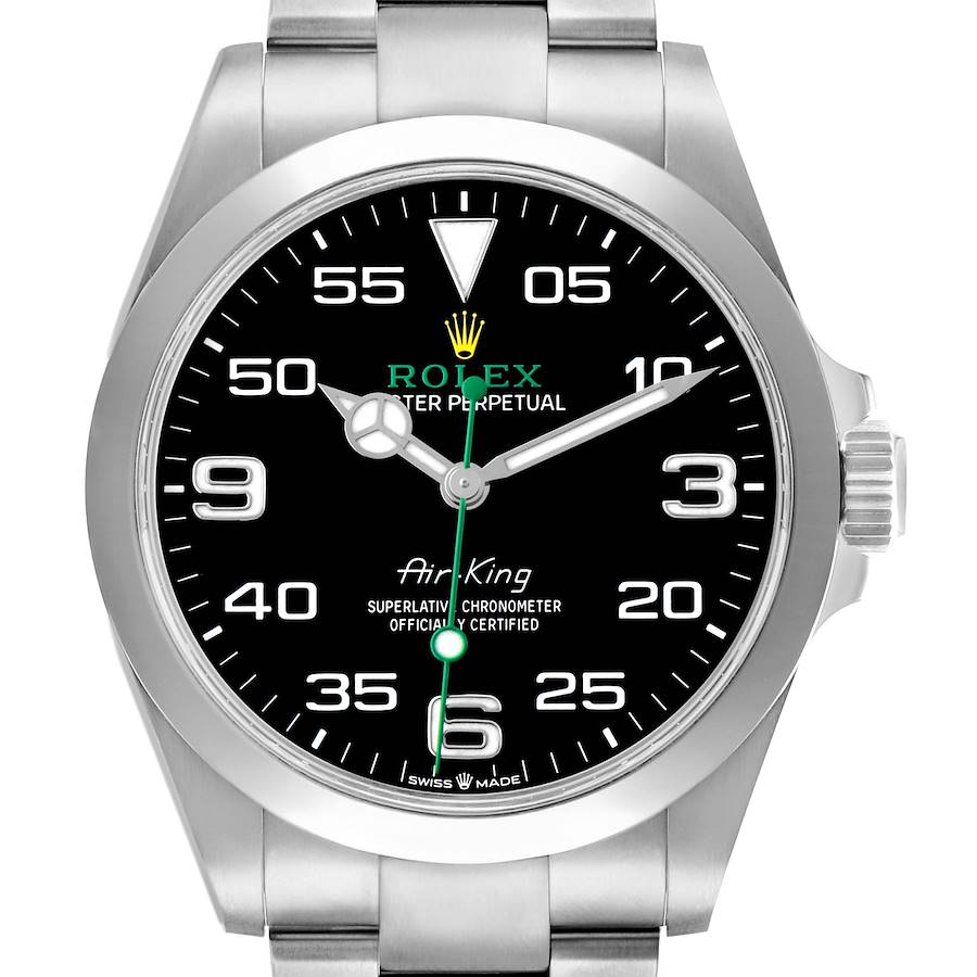 The Rolex Air-King 126900 Men's Stainless Steel Black Dial watch is shown from a front angle, displaying the face, bezel, and part of the bracelet.