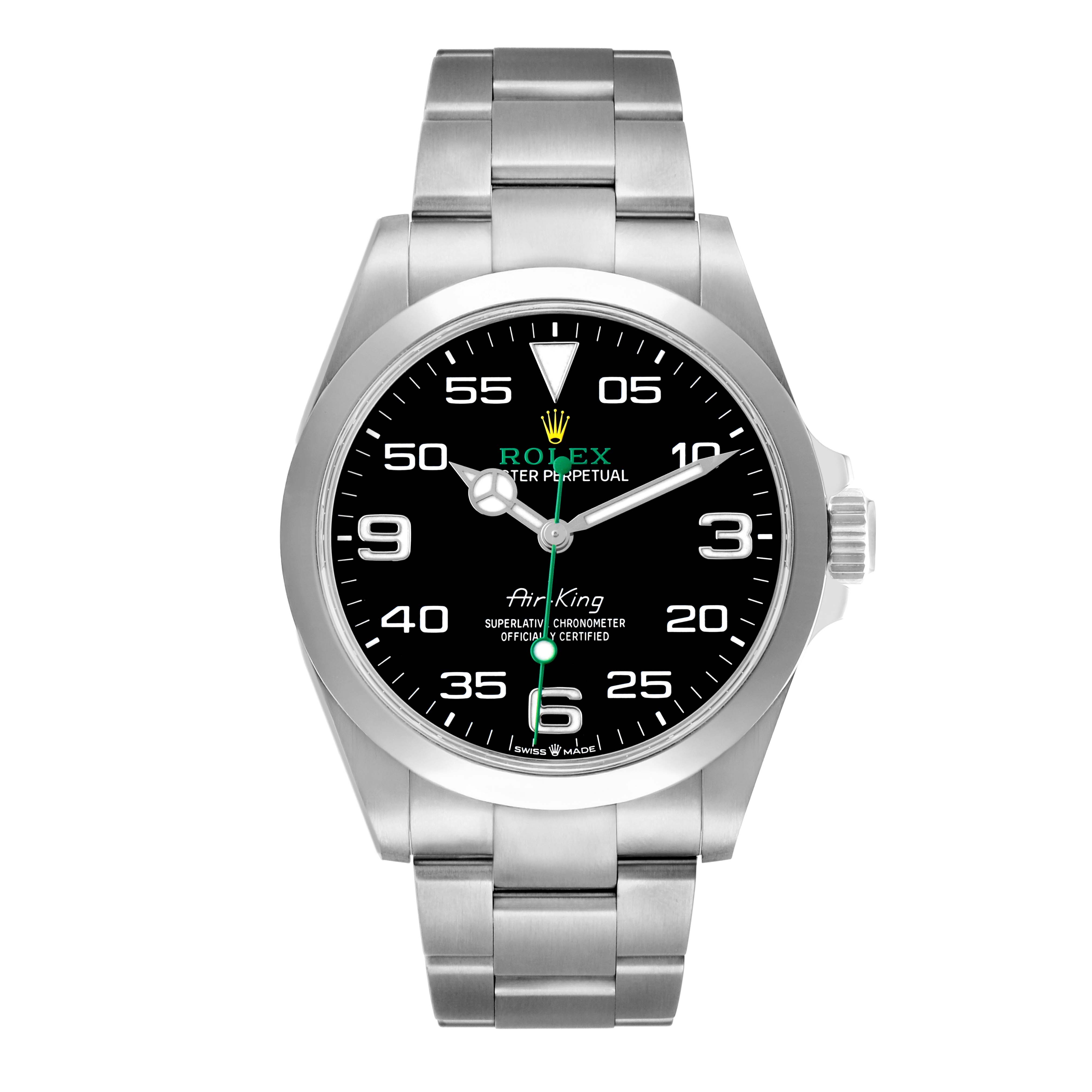 The Rolex Air-King 126900 Men
s Stainless Steel Black Dial watch is shown from a front view, highlighting the dial, bezel, and bracelet.