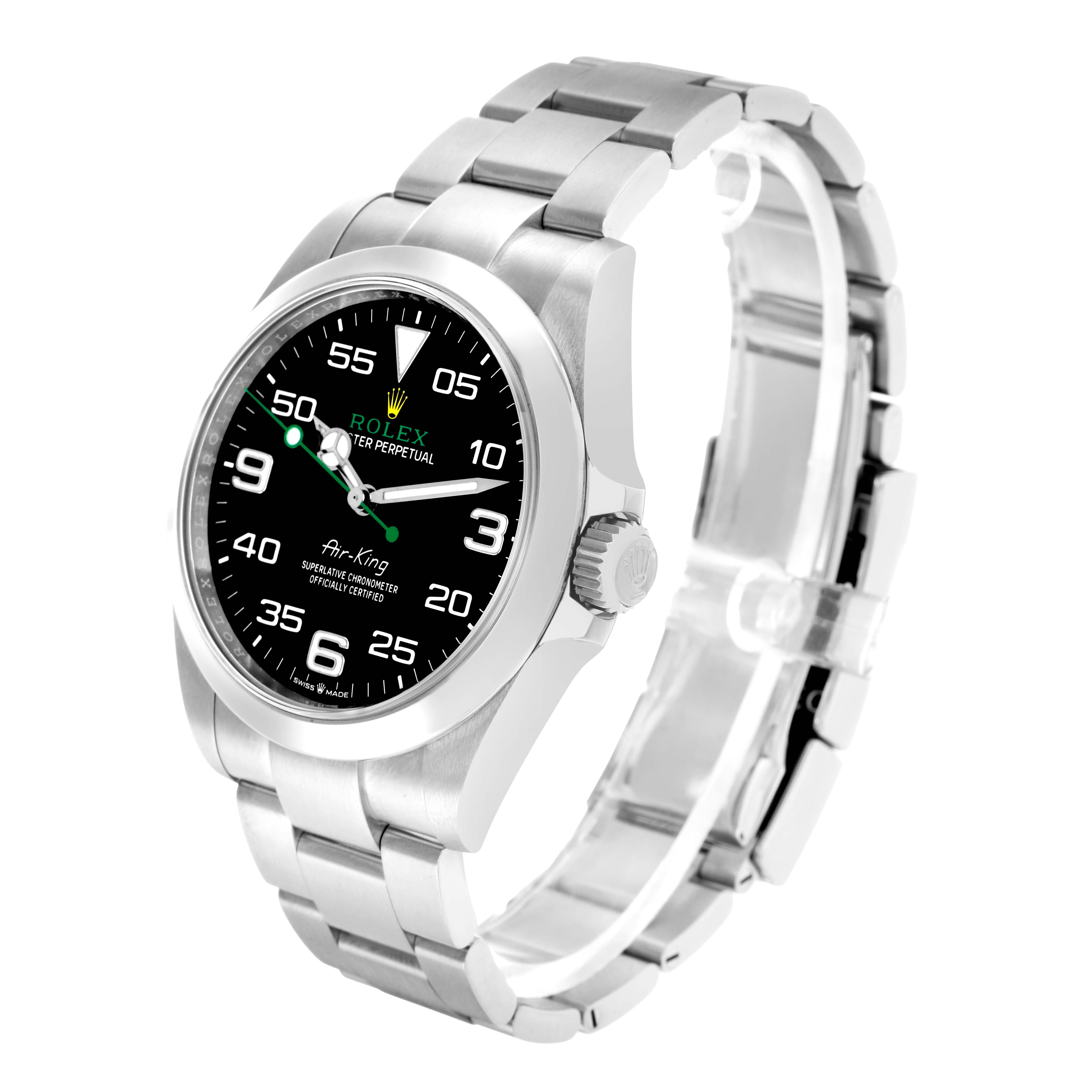 The Rolex Air-King 126900 Men
s Stainless Steel Black Dial watch is shown at a three-quarter angle, highlighting the face, bezel, crown, and bracelet.