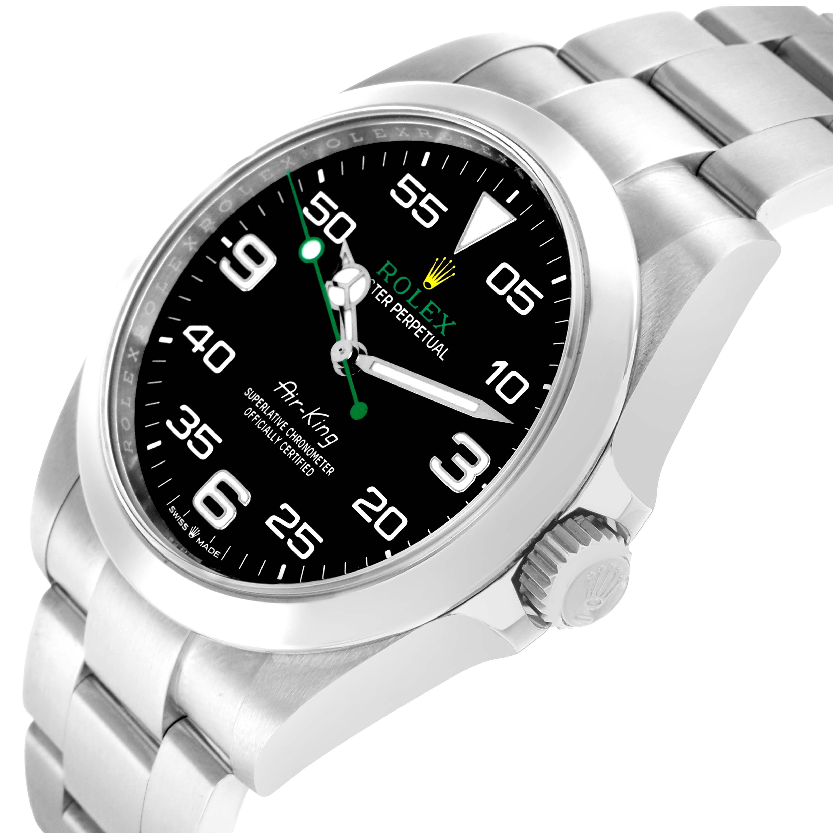 The Rolex Air-King 126900 Men
s Stainless Steel Black Dial is shown from a side angle, highlighting the dial, case, bracelet, and crown.