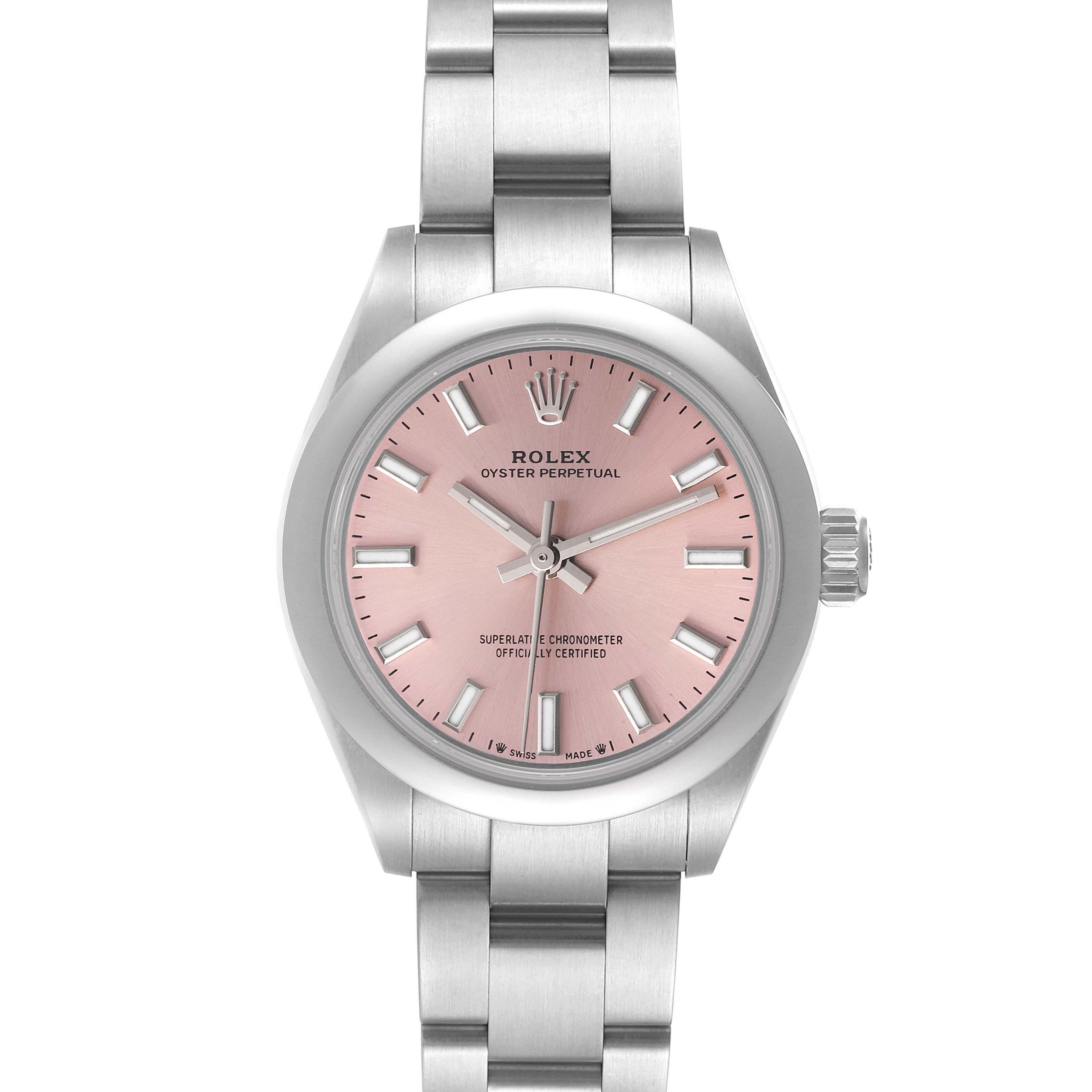 The image shows a front view of a Rolex Oyster Perpetual 276200 Women
s Stainless Steel Pink Dial 276200 Women
s Stainless Steel Pink Dial watch with a pink dial and stainless steel bracelet.