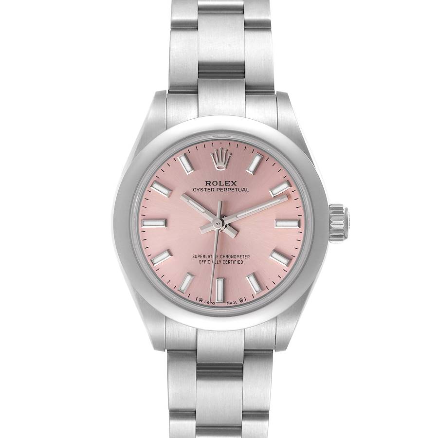 The image shows a front view of a Rolex Oyster Perpetual watch with a pink dial and stainless steel bracelet.