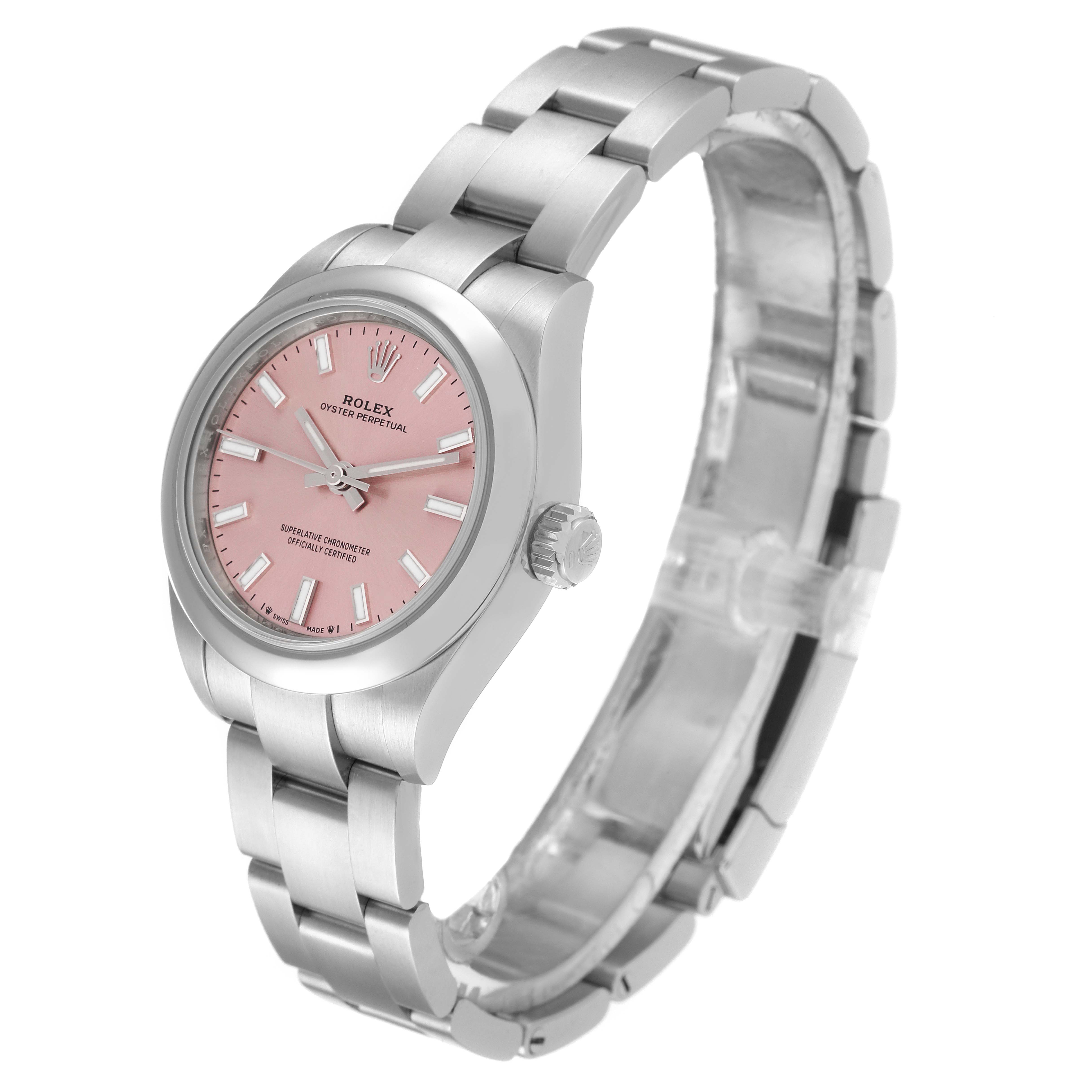 The image shows a Rolex Oyster Perpetual 276200 Women
s Stainless Steel Pink Dial 276200 Women
s Stainless Steel Pink Dial watch, angled to display the pink dial, crown, and metal bracelet.