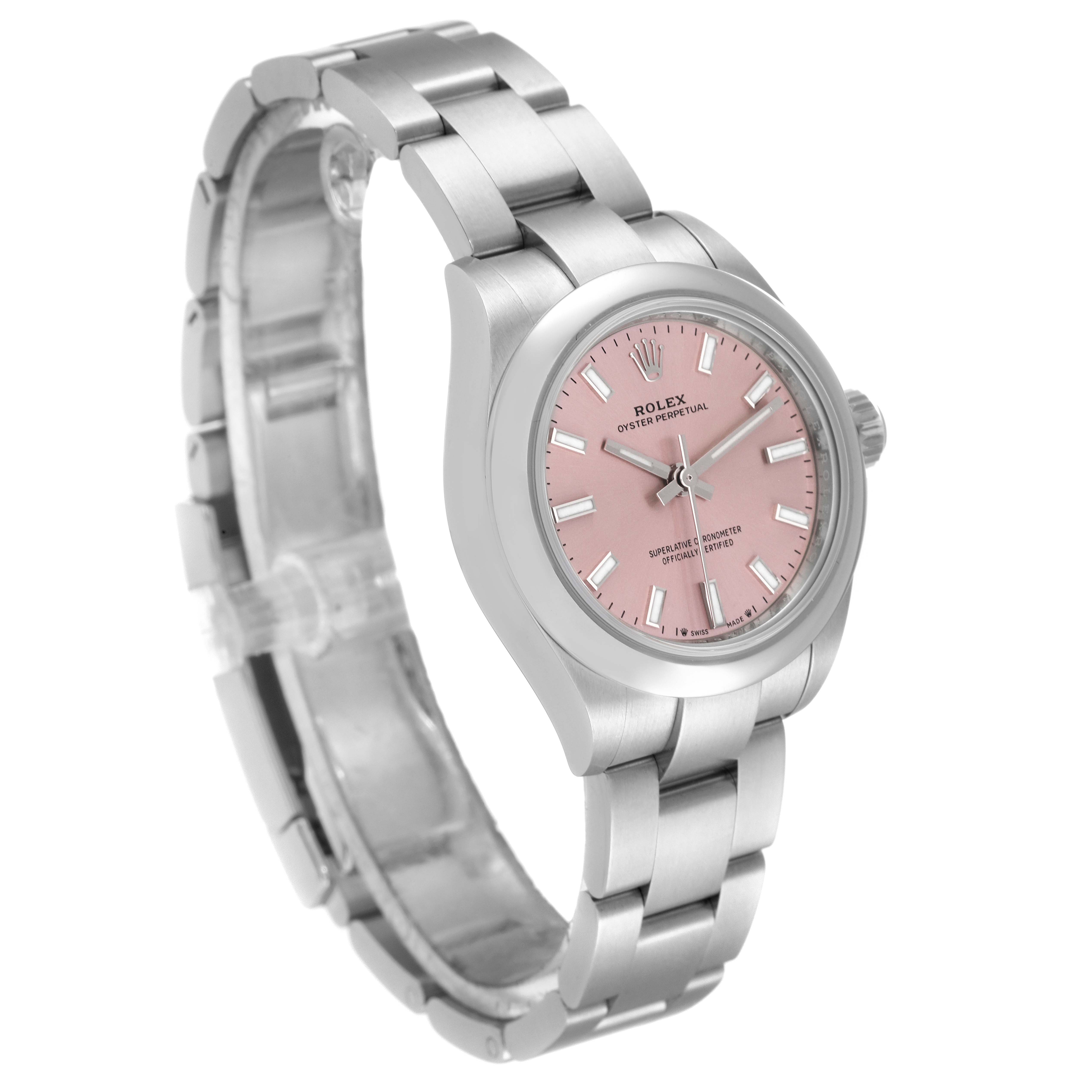 The image shows a side view of a Rolex Oyster Perpetual 276200 Women
s Stainless Steel Pink Dial 276200 Women
s Stainless Steel Pink Dial watch with a pink dial and metal bracelet.