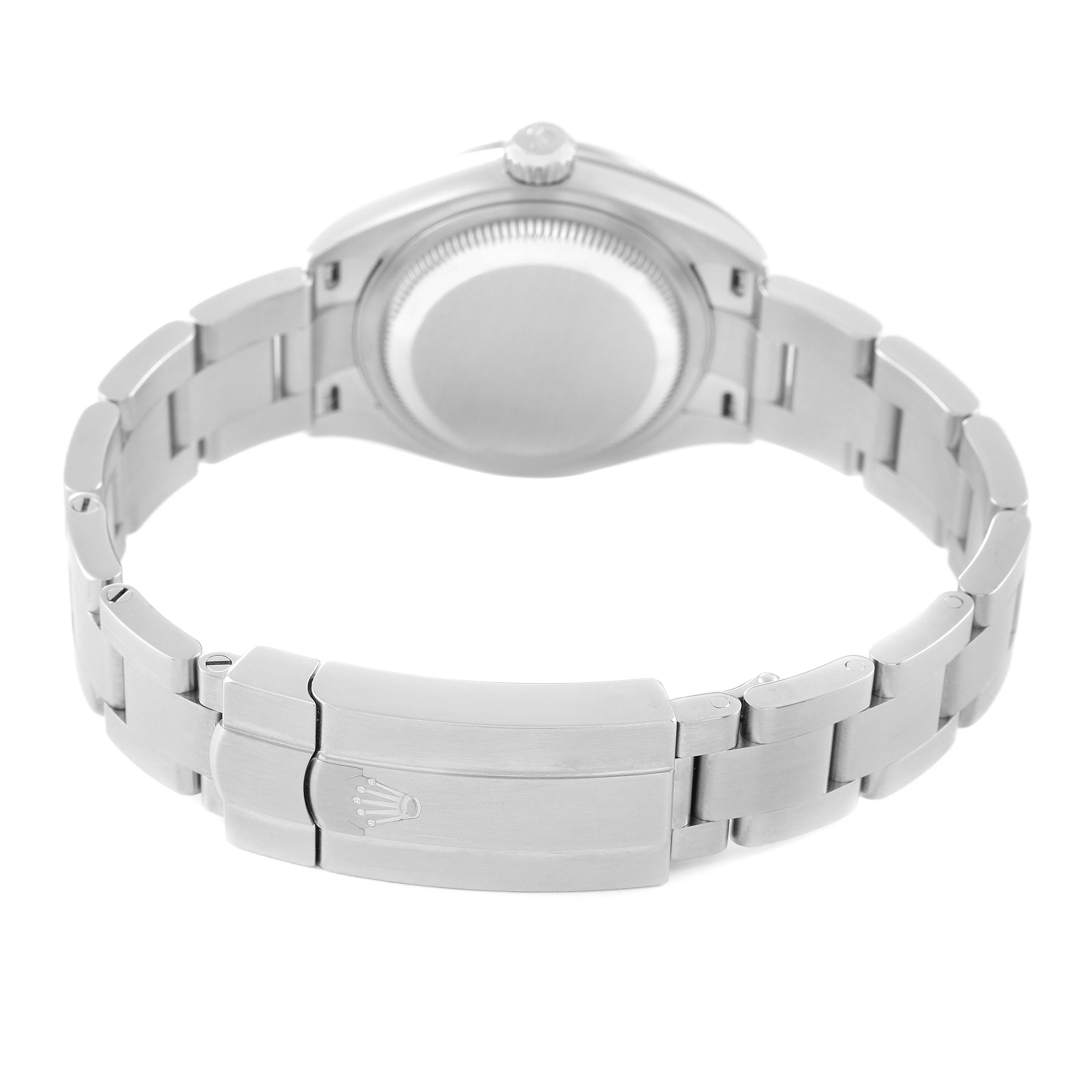 This image shows the back view of a Rolex Oyster Perpetual 276200 Women
s Stainless Steel Pink Dial 276200 Women
s Stainless Steel Pink Dial watch, focusing on the bracelet and clasp.