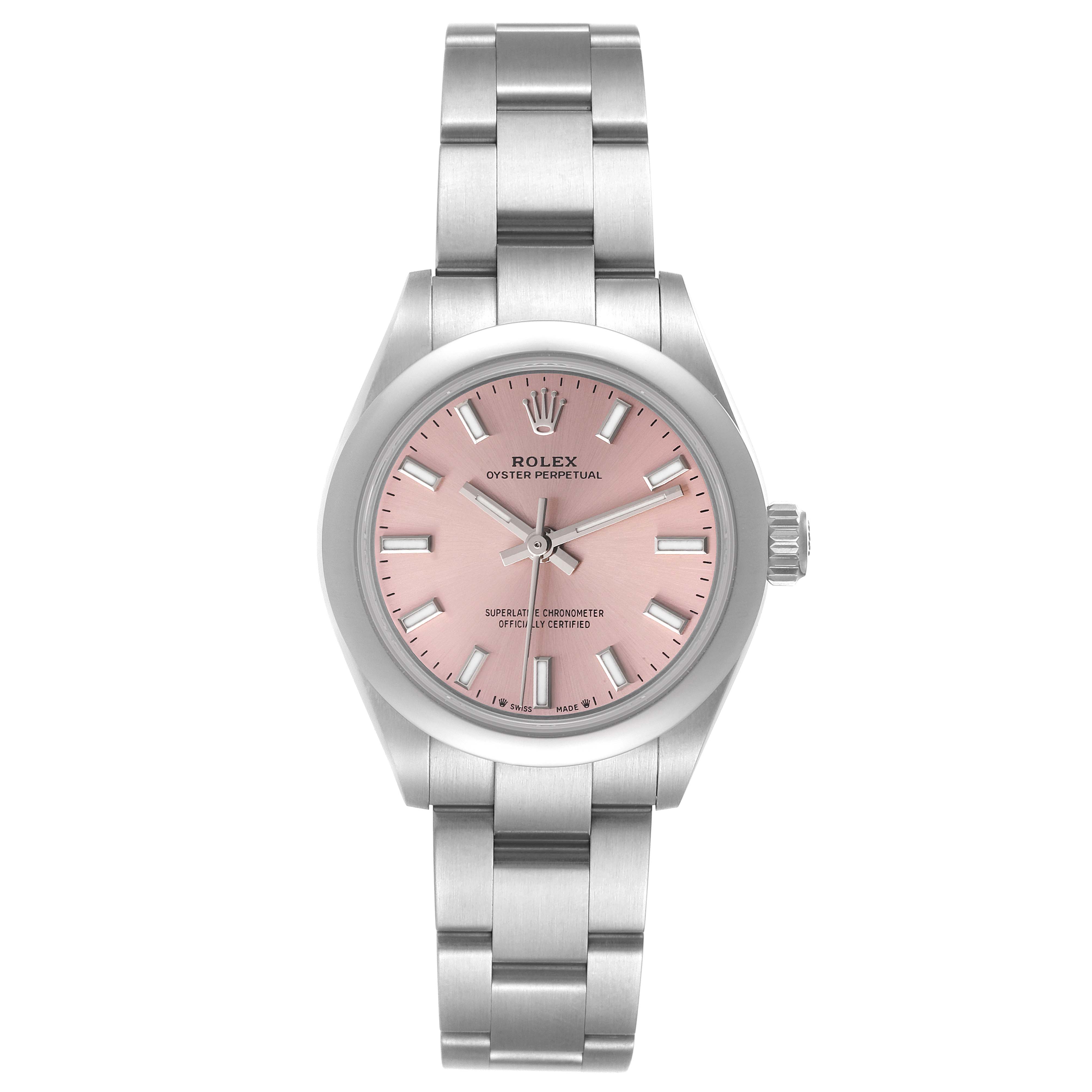 The Rolex Oyster Perpetual 276200 Women
s Stainless Steel Pink Dial 276200 Women
s Stainless Steel Pink Dial watch is shown from a front angle, displaying its pink dial, case, and bracelet.