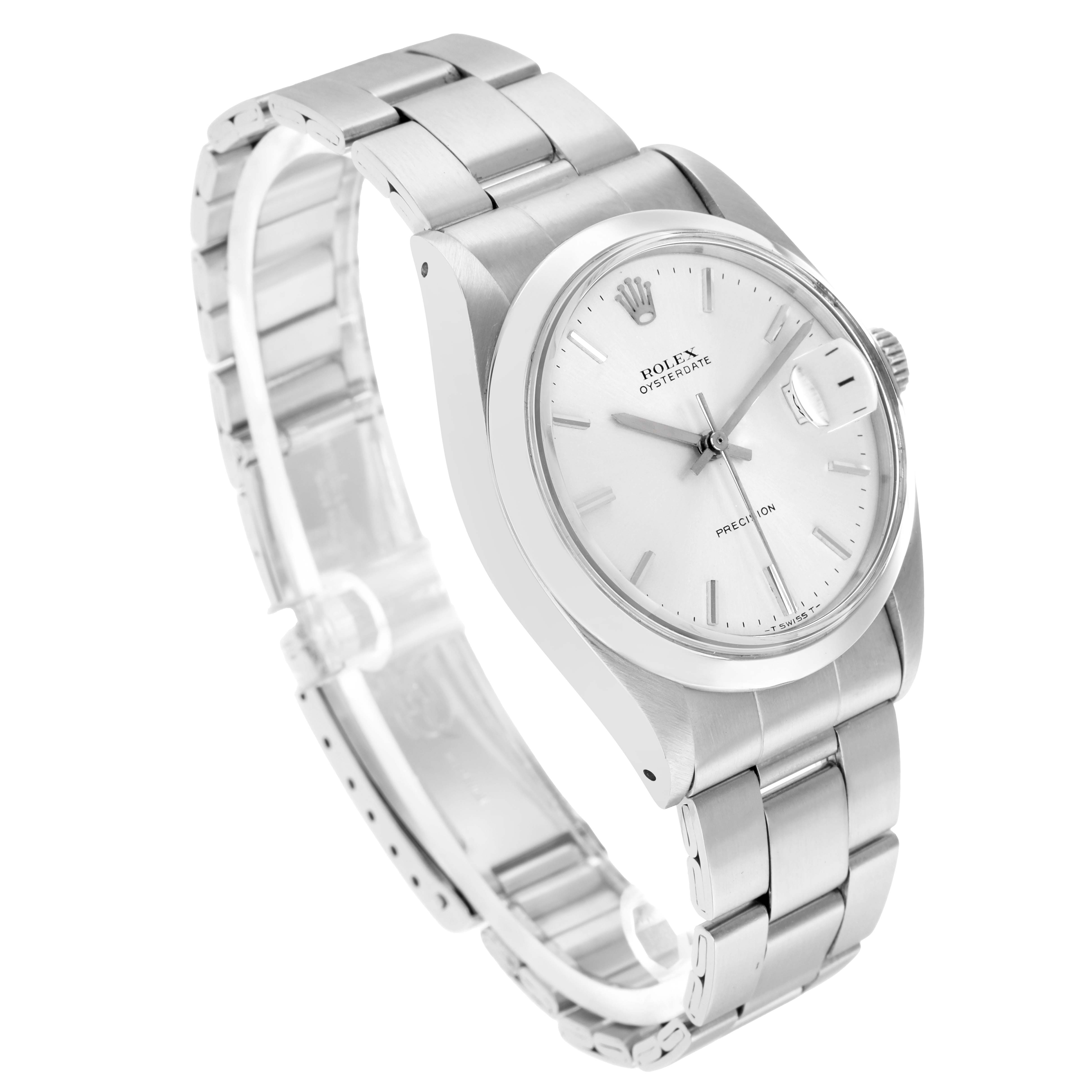 The Rolex Vintage Collection 6694 Men
s Stainless Steel Silver Dial watch is shown at an angled side view, highlighting the case, bezel, crown, dial, and bracelet.