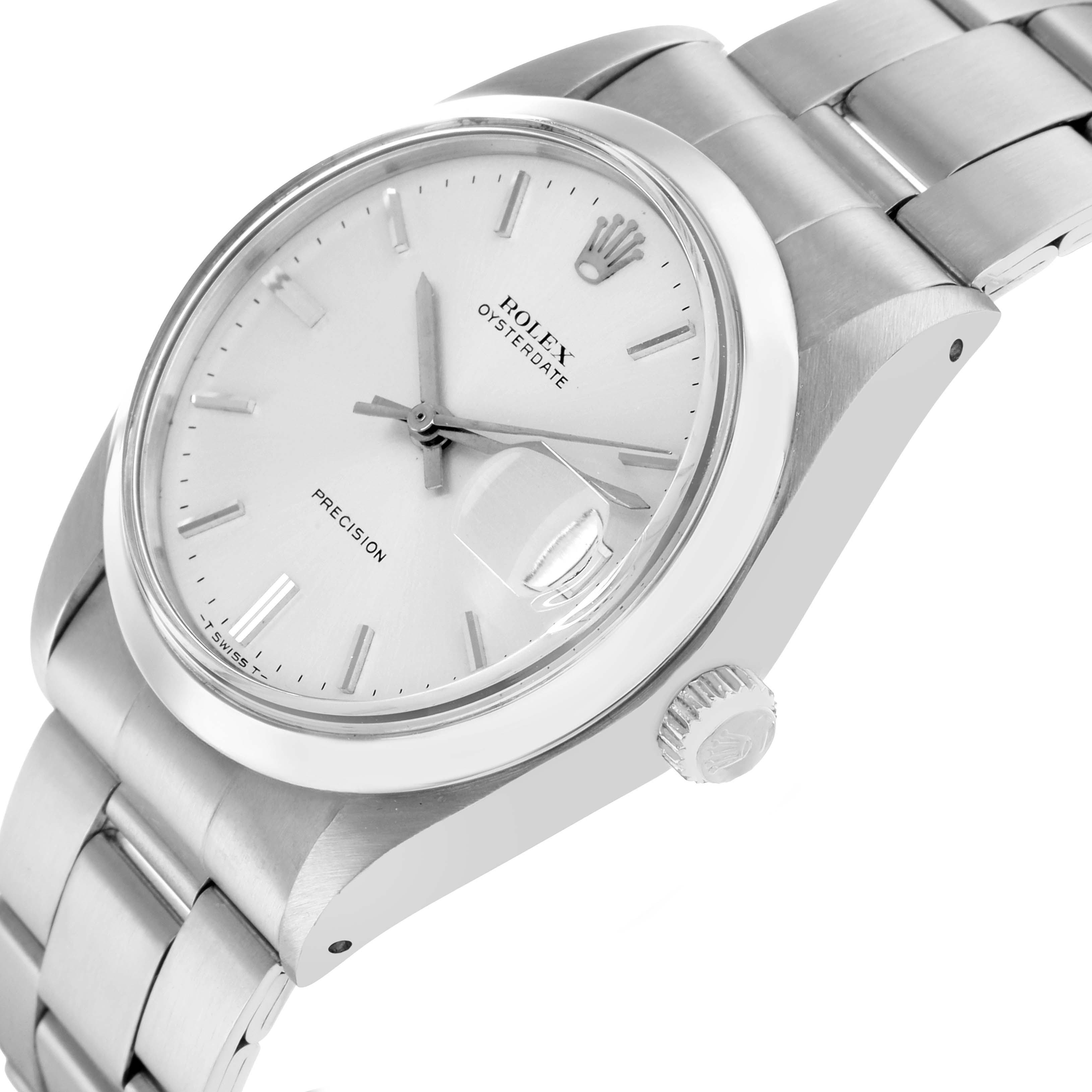 The Rolex Vintage Collection 6694 Men
s Stainless Steel Silver Dial model is shown at an angled side view highlighting the dial, bezel, crown, and part of the bracelet.