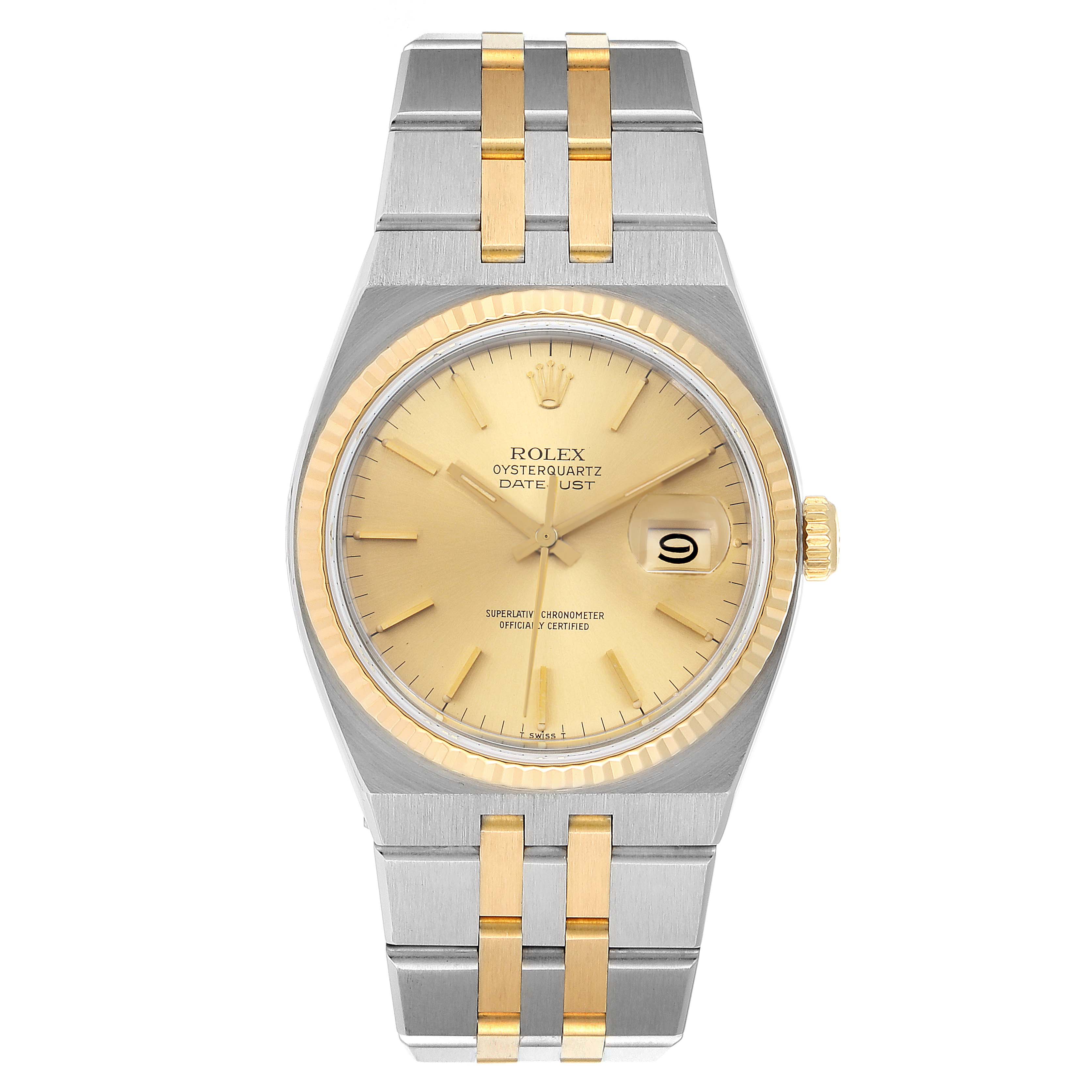This image shows a front view of a Rolex Oysterquartz 17013 Men's Steel and Gold (two tone) Champagne Dial 17013 Men's Steel and Gold (two tone) Champagne Dial watch, highlighting its gold dial, fluted bezel, and two-tone bracelet.