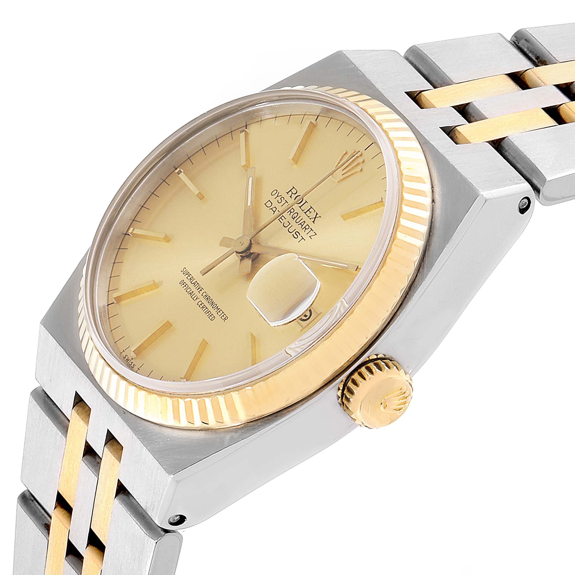 The Rolex Oysterquartz 17013 Men's Steel and Gold (two tone) Champagne Dial 17013 Men's Steel and Gold (two tone) Champagne Dial watch is shown at an oblique angle, displaying its dial, crown, and portion of the bracelet.