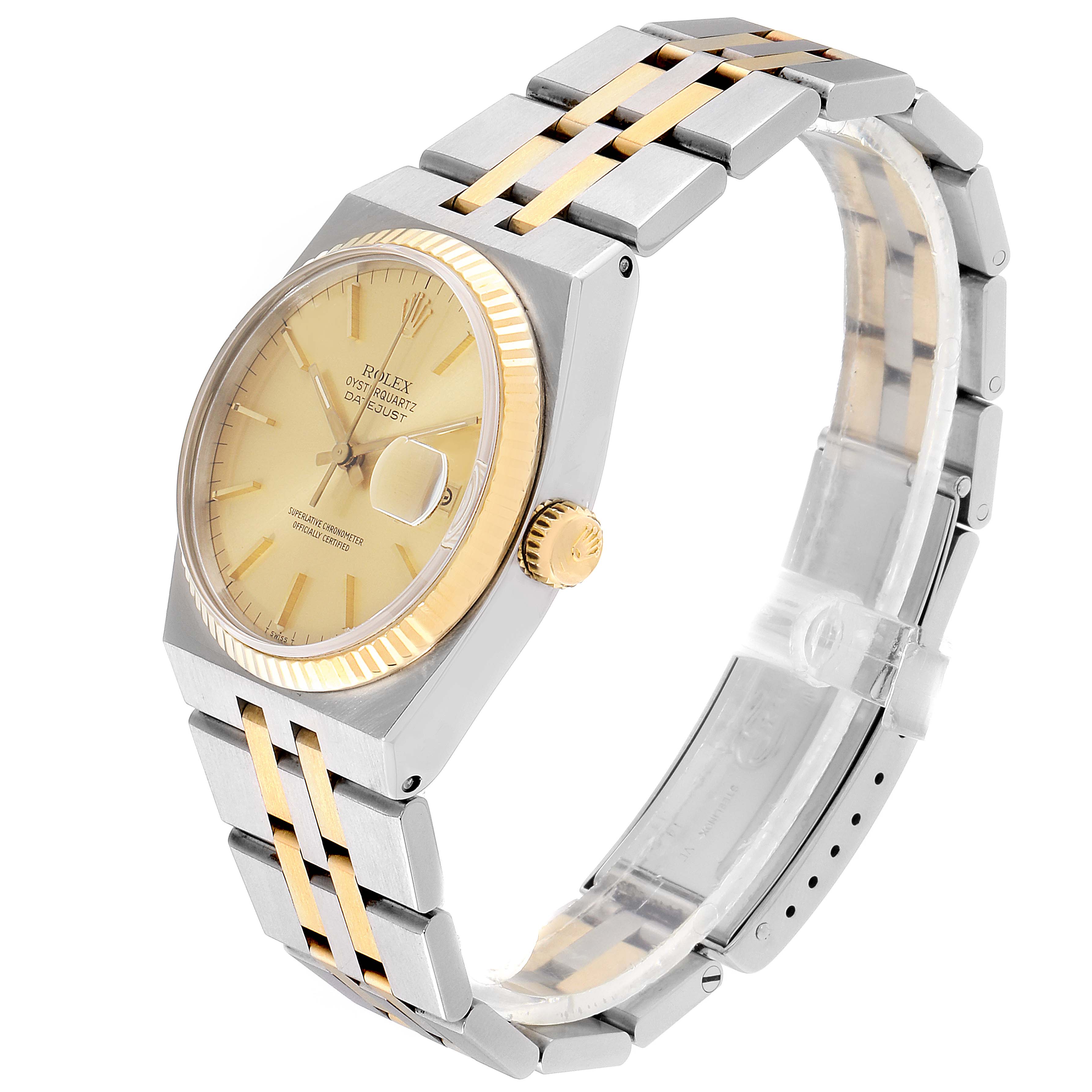 The image shows a side-angle view of a Rolex Oysterquartz 17013 Men's Steel and Gold (two tone) Champagne Dial 17013 Men's Steel and Gold (two tone) Champagne Dial watch, highlighting the bezel, dial, bracelet, and crown.