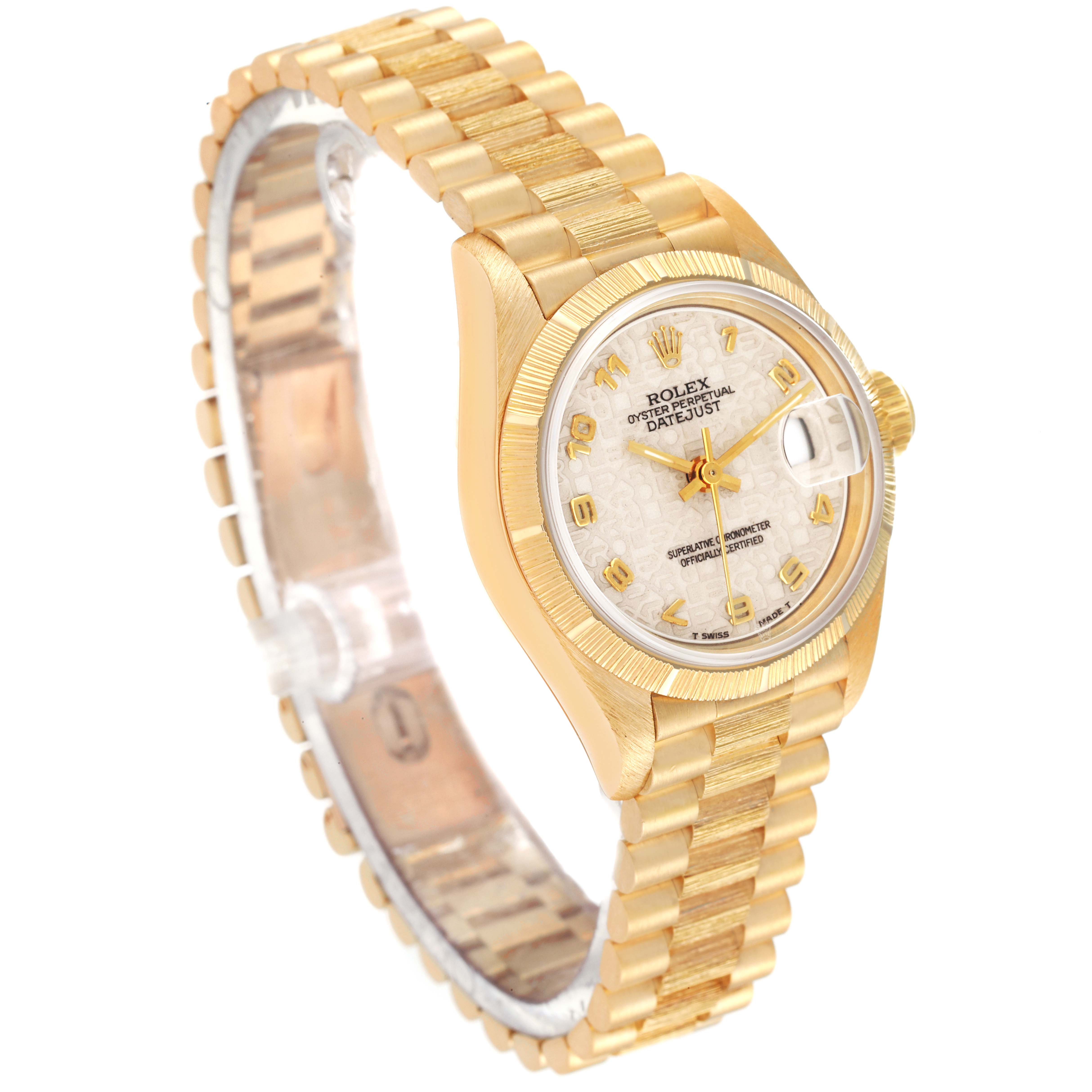 The image shows a Rolex President 69278 Women's Yellow Gold Beige Dial 69278 Women's Yellow Gold Beige Dial model watch from a right front diagonal angle, highlighting its face, bezel, and bracelet.