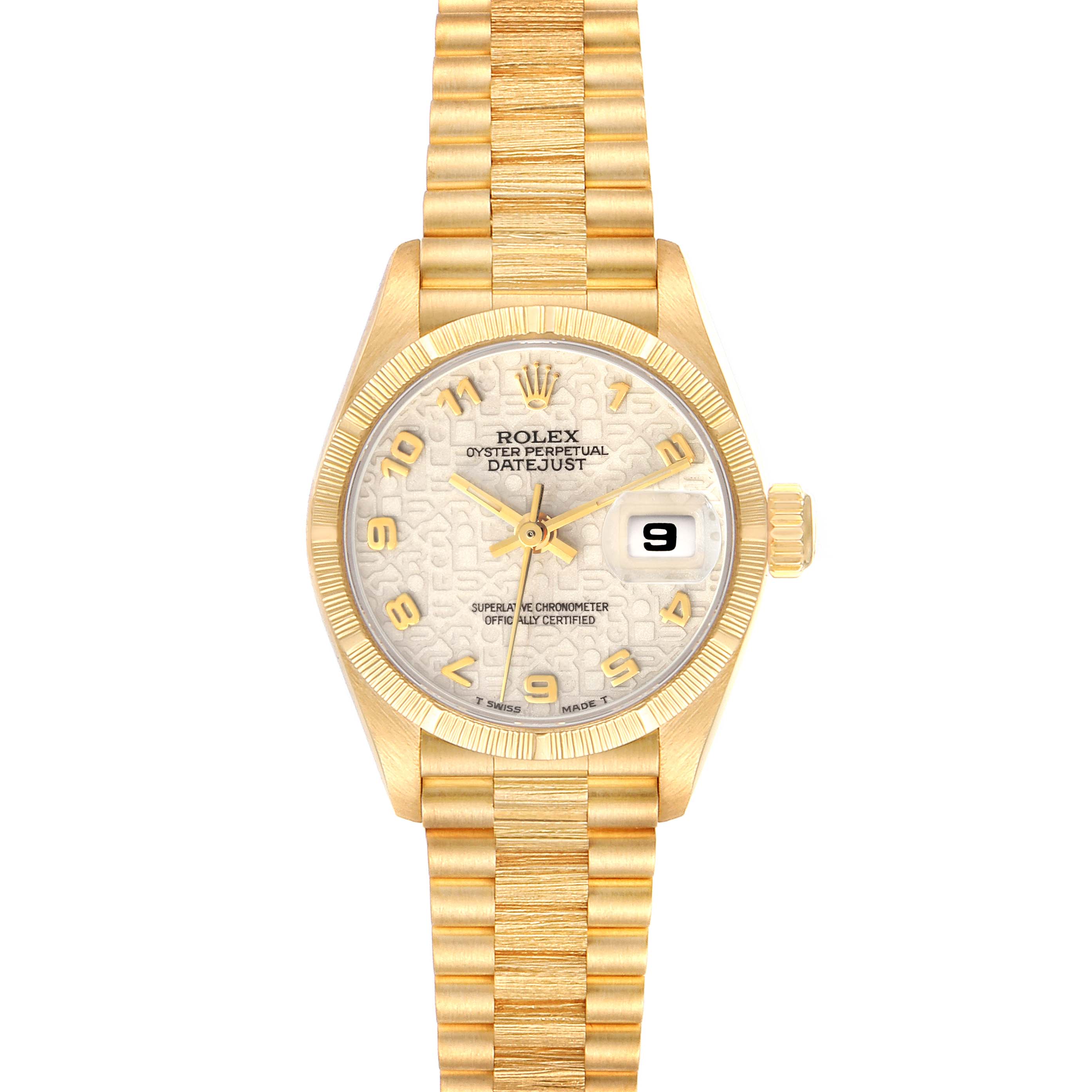 This is a front view of the Rolex President 69278 Women's Yellow Gold Beige Dial 69278 Women's Yellow Gold Beige Dial model watch displaying its face, bezel, bracelet, and date feature.