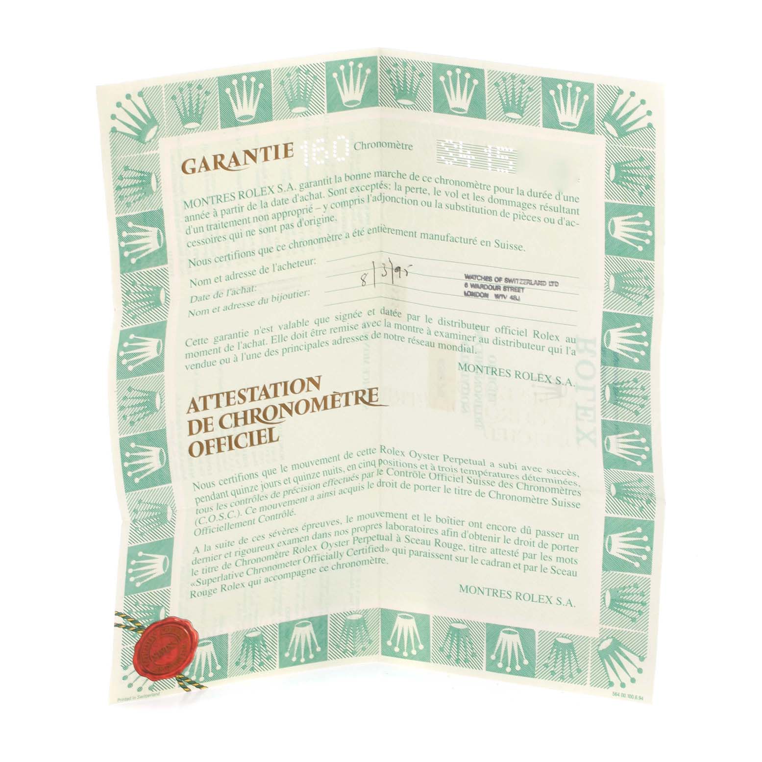 This image shows the warranty and certification paperwork for a Rolex President 69278 Women's Yellow Gold Beige Dial 69278 Women's Yellow Gold Beige Dial model watch.