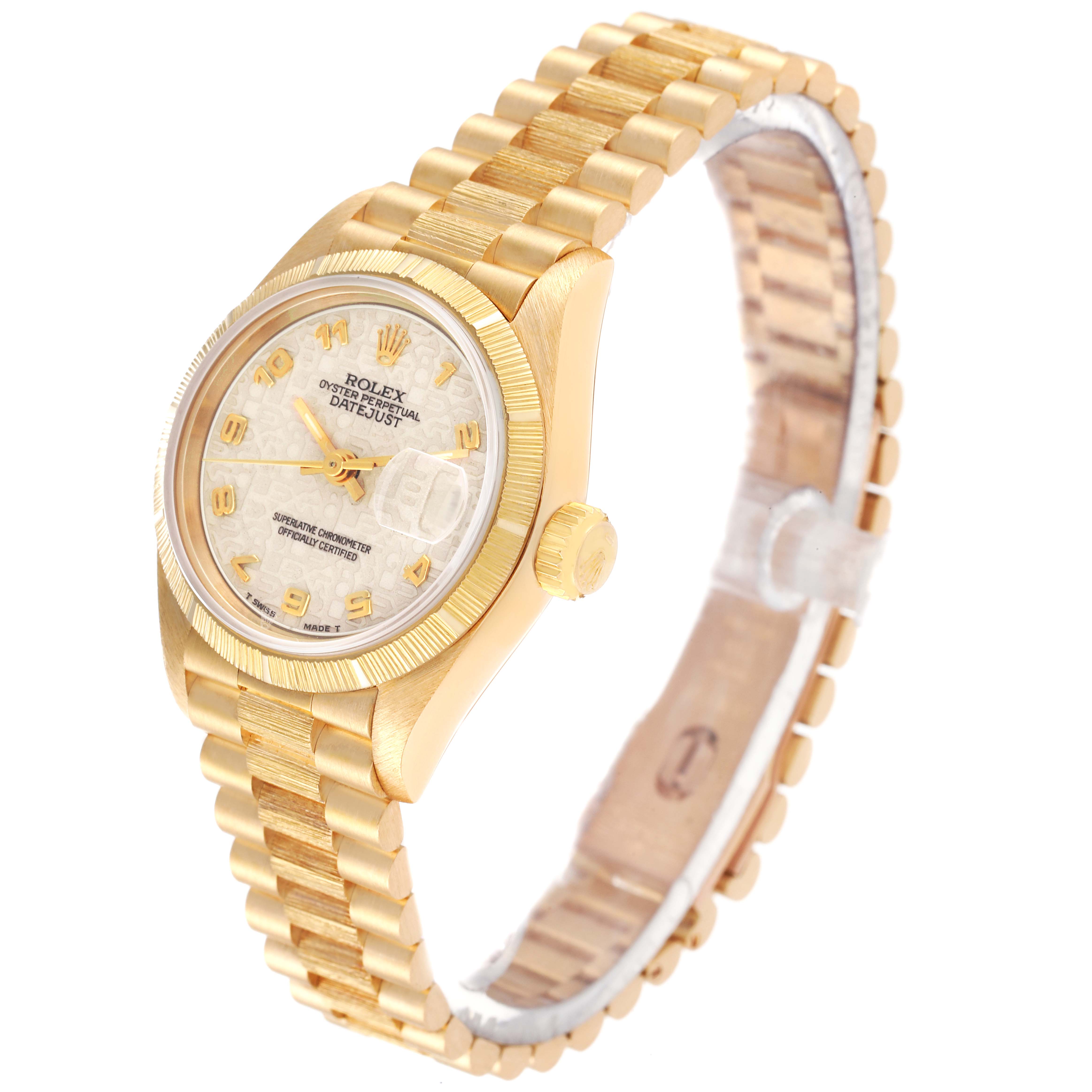 This image shows a Rolex President 69278 Women's Yellow Gold Beige Dial 69278 Women's Yellow Gold Beige Dial model watch angled to display its face, crown, and bracelet.