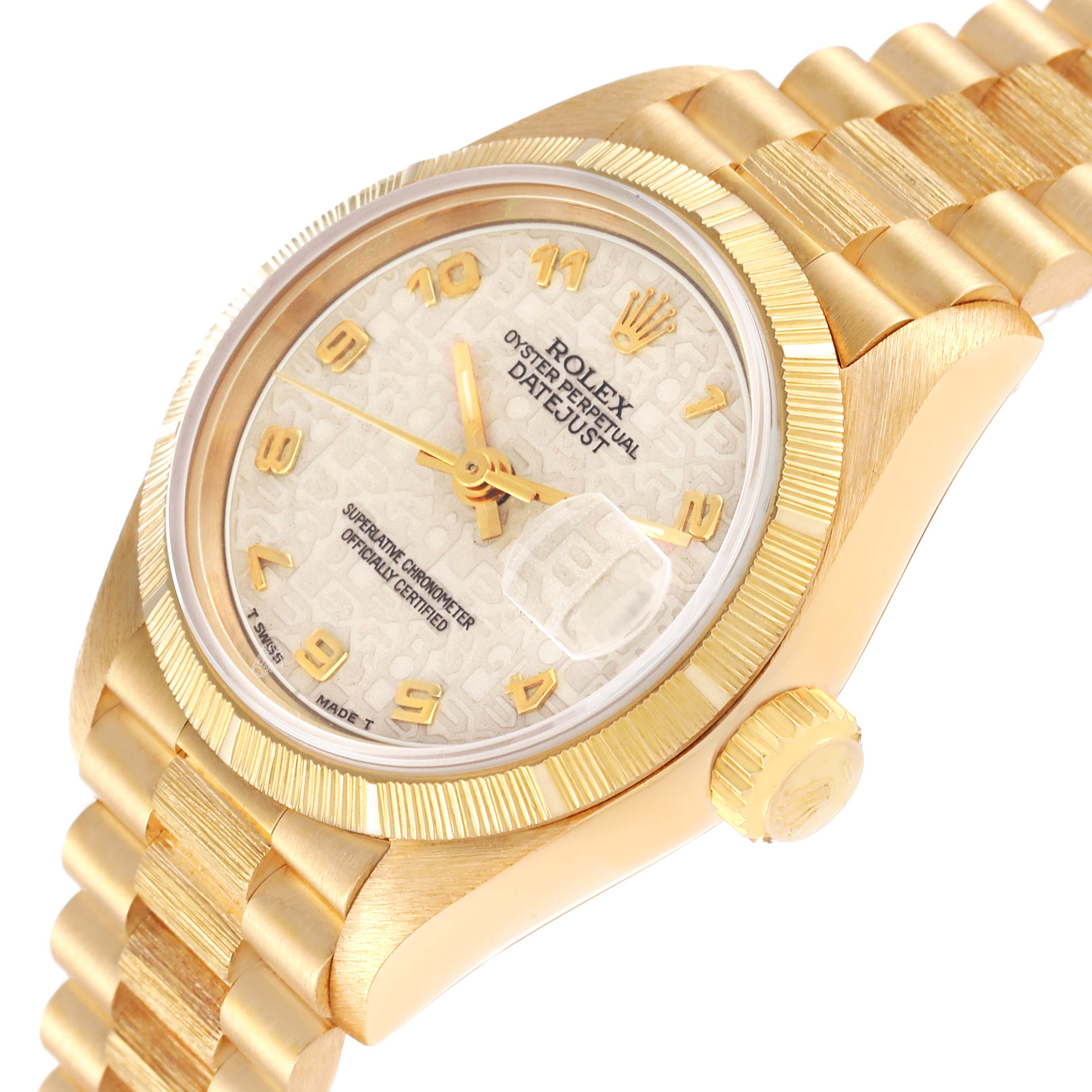 This image shows a Rolex President 69278 Women's Yellow Gold Beige Dial 69278 Women's Yellow Gold Beige Dial model watch at a slight angle, highlighting the dial, bezel, crown, and part of the bracelet.