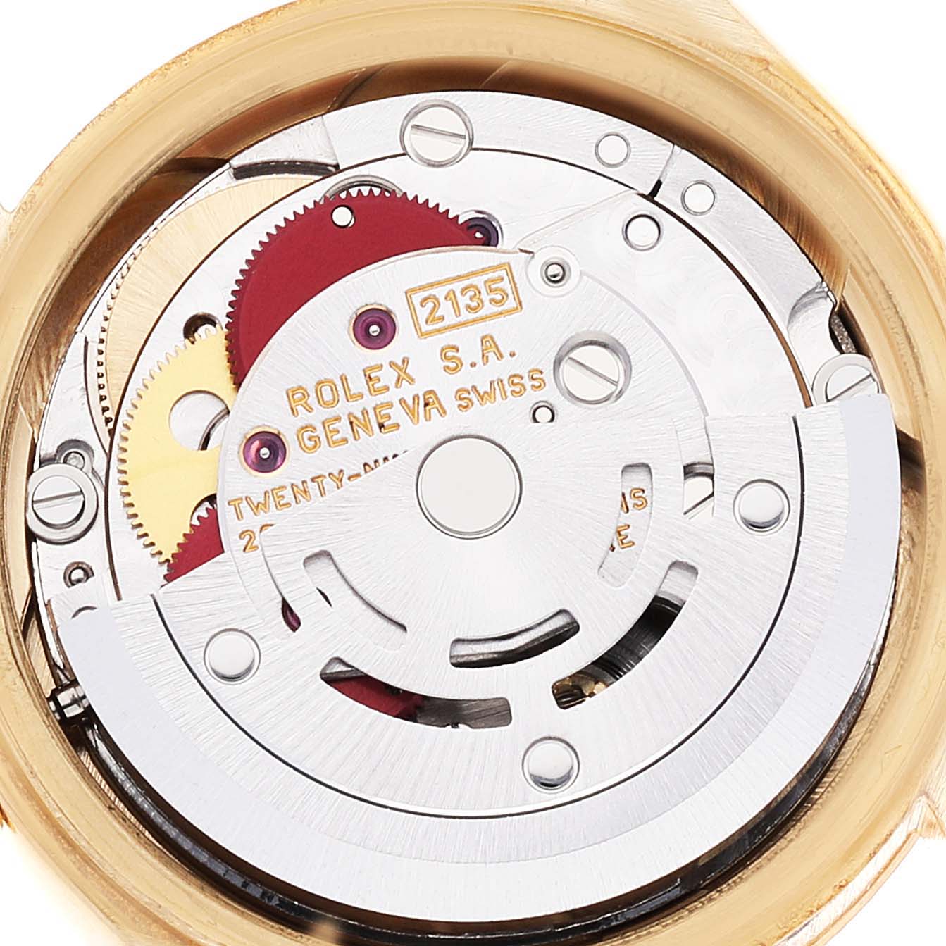 This image shows a detailed close-up of the movement mechanism inside a Rolex President 69278 Women's Yellow Gold Beige Dial 69278 Women's Yellow Gold Beige Dial model watch.