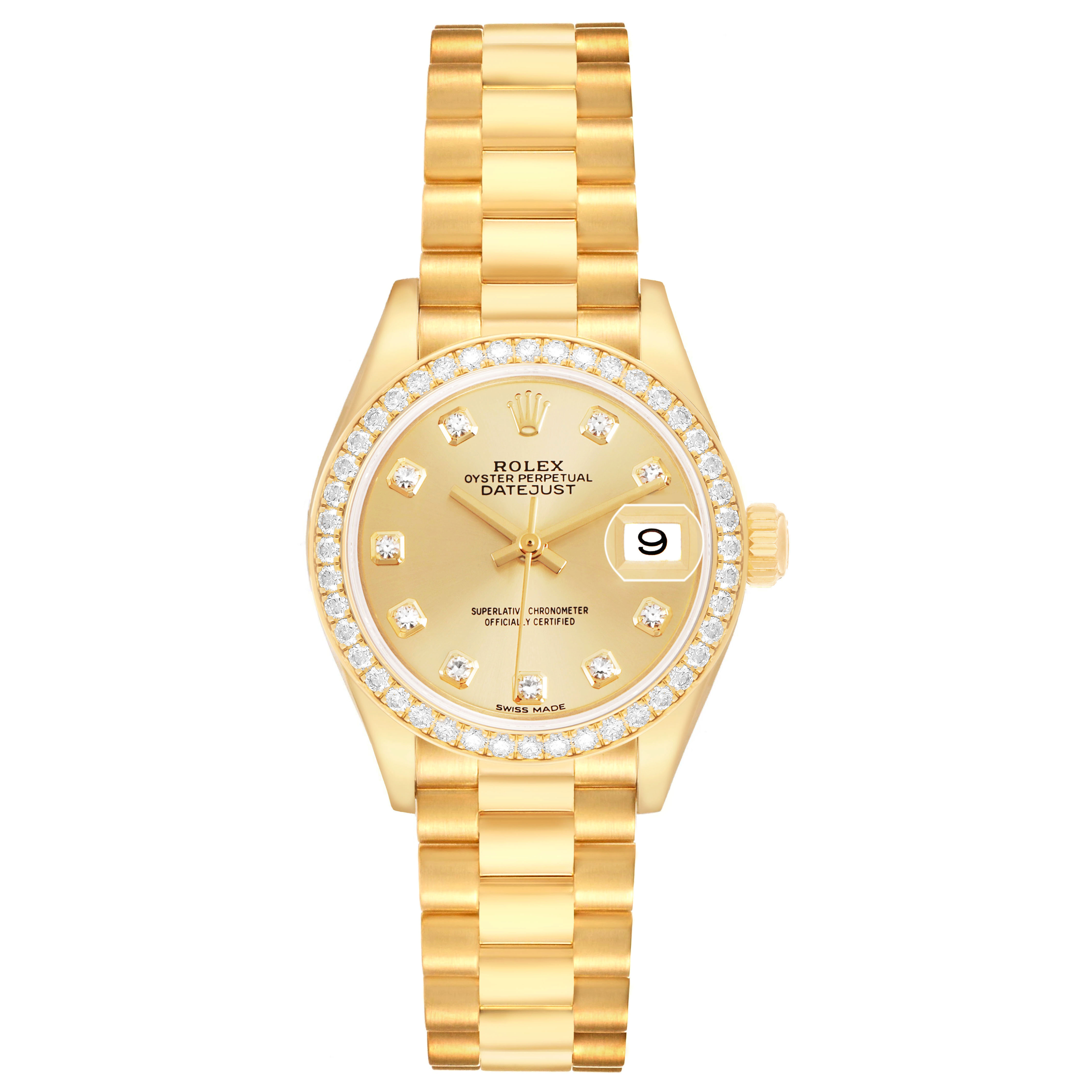 The image shows a frontal view of the Rolex President 279138 Women's Yellow Gold Champagne Dial watch, displaying its dial, bezel, and bracelet.