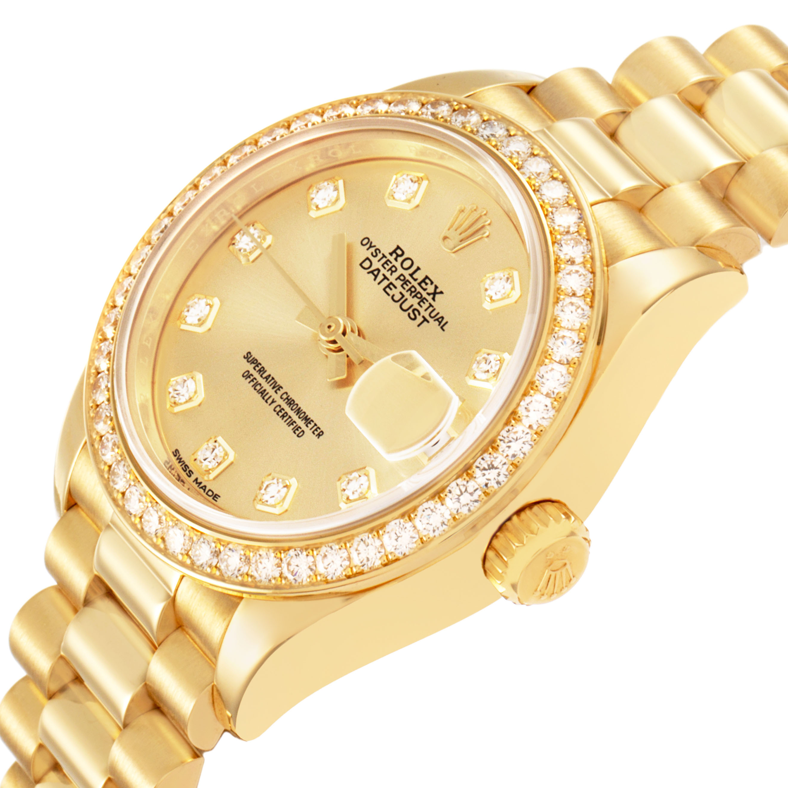 The Rolex President 279138 Women's Yellow Gold Champagne Dial model is shown from a top-side angle, highlighting the gold bezel, diamond markers, and gold bracelet.