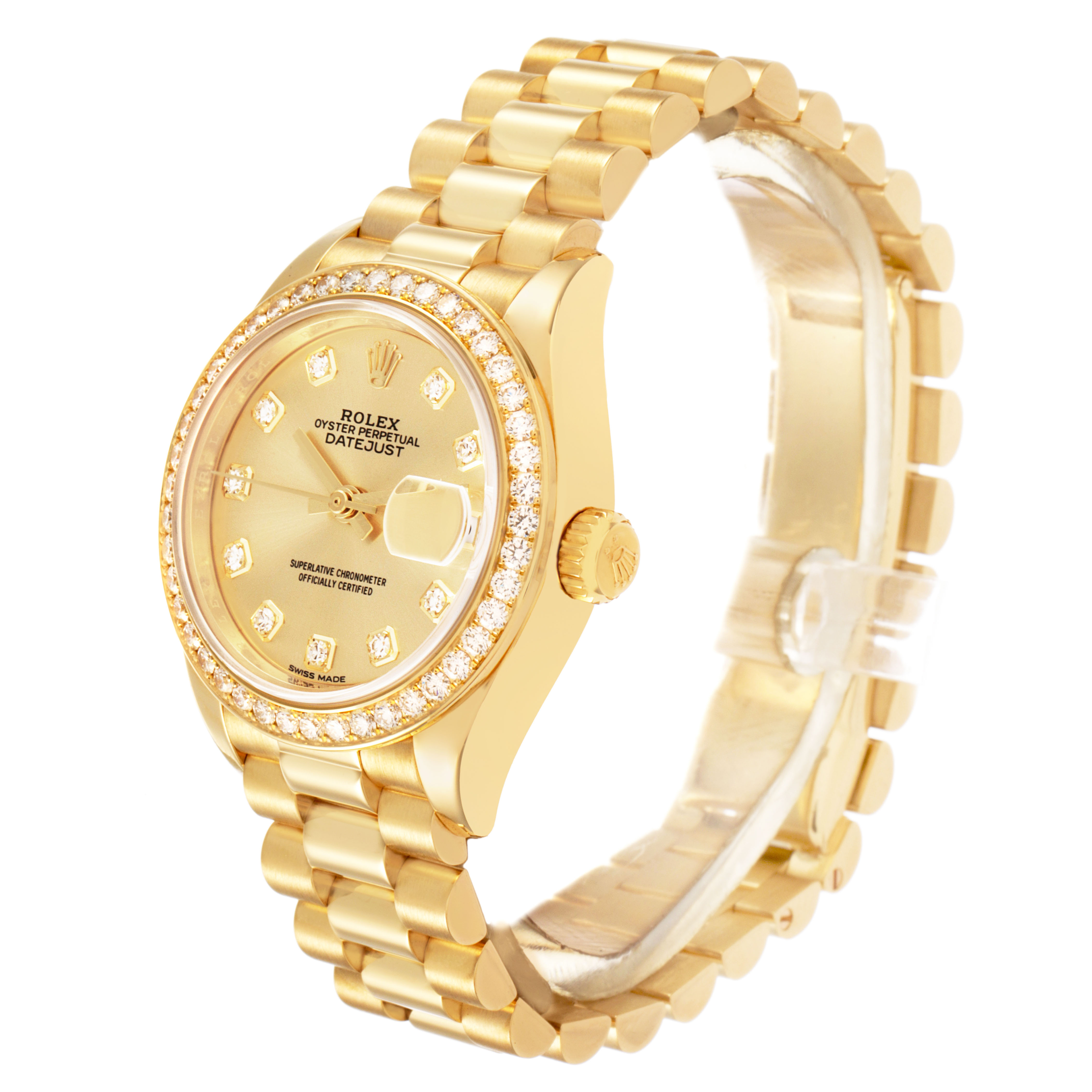 The Rolex President 279138 Women's Yellow Gold Champagne Dial model watch is shown at a three-quarter angle, displaying its bezel, dial, bracelet, and crown.