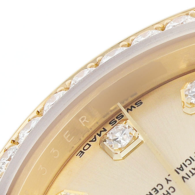 The image shows a detailed close-up of the Rolex President 279138 Women's Yellow Gold Champagne Dial watch face with a diamond-studded bezel.