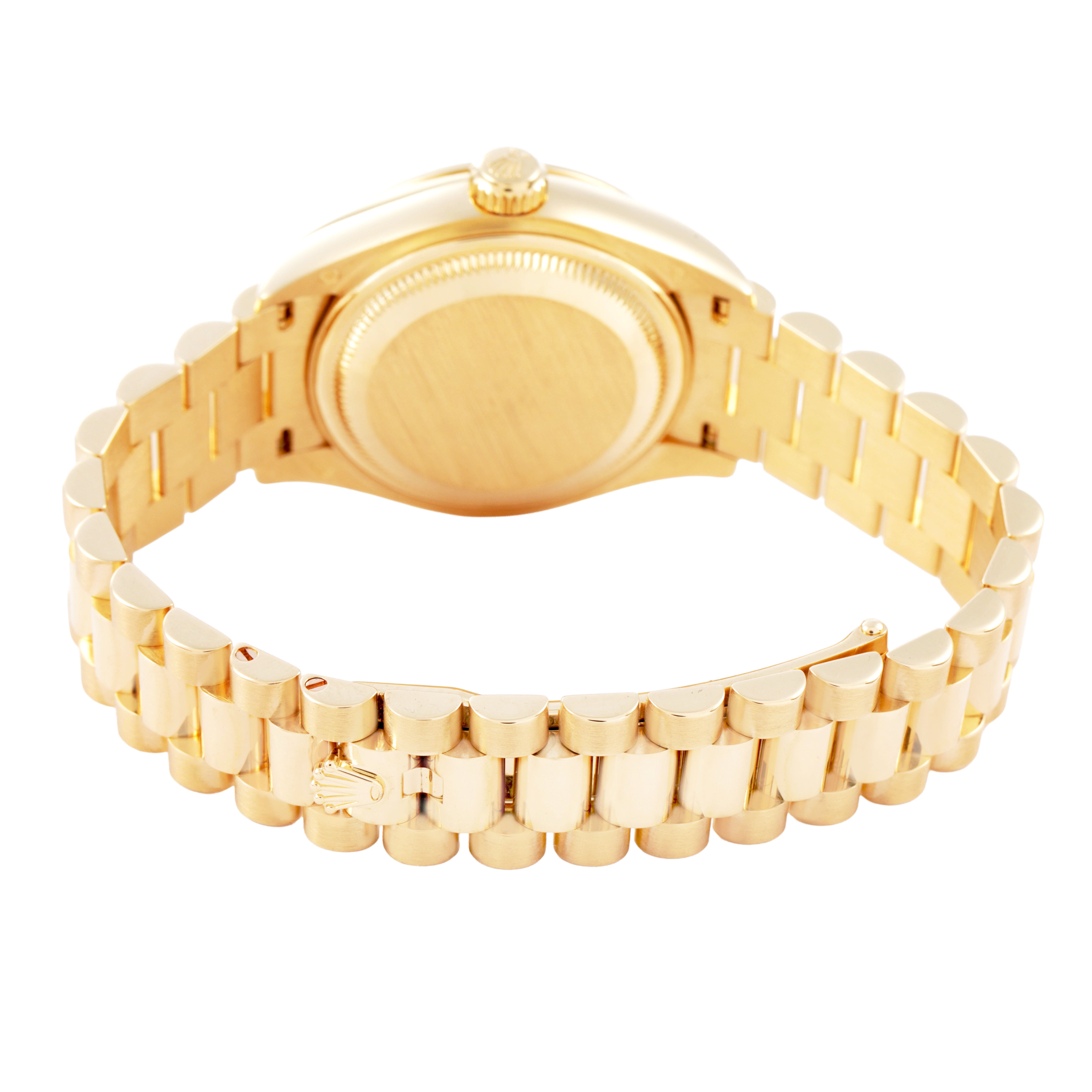 The image shows the back and bracelet of a Rolex President 279138 Women's Yellow Gold Champagne Dial model, highlighting the clasp and caseback.