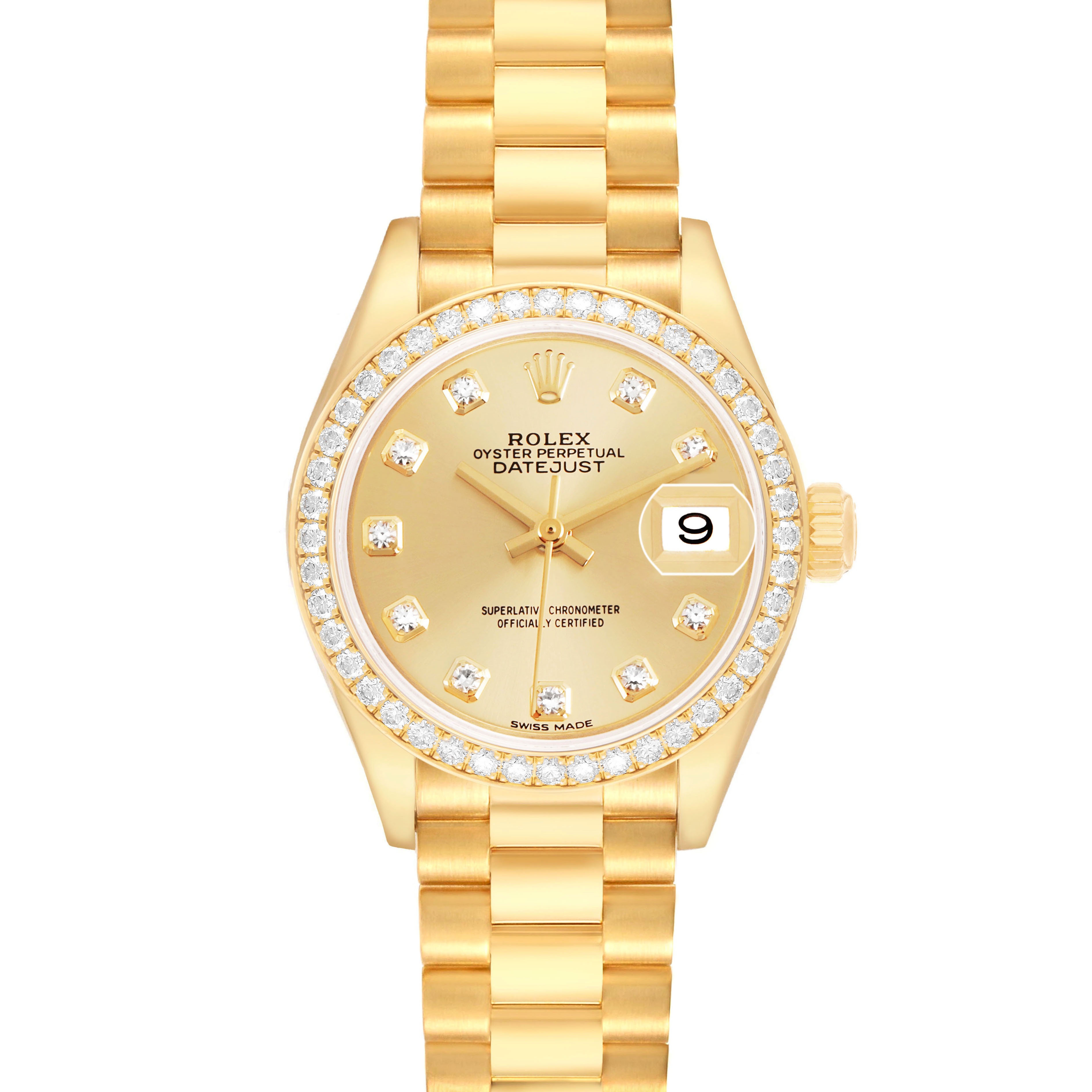 The Rolex President 279138 Women's Yellow Gold Champagne Dial model watch is shown from a front angle, highlighting its gold dial, diamond bezel, and bracelet.