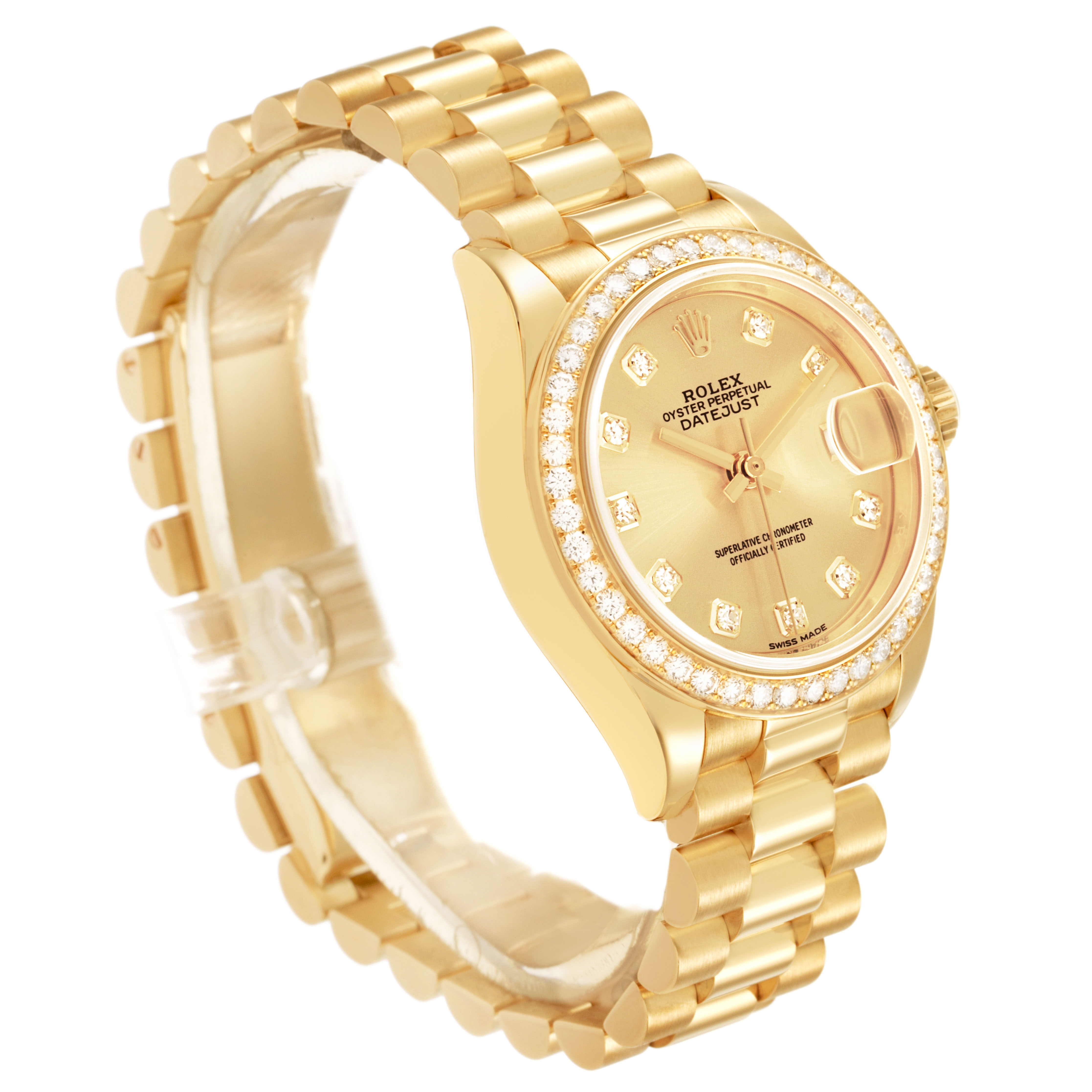 The Rolex President 279138 Women's Yellow Gold Champagne Dial model is shown from a front-angled view, highlighting its gold bracelet and diamond-encrusted bezel.