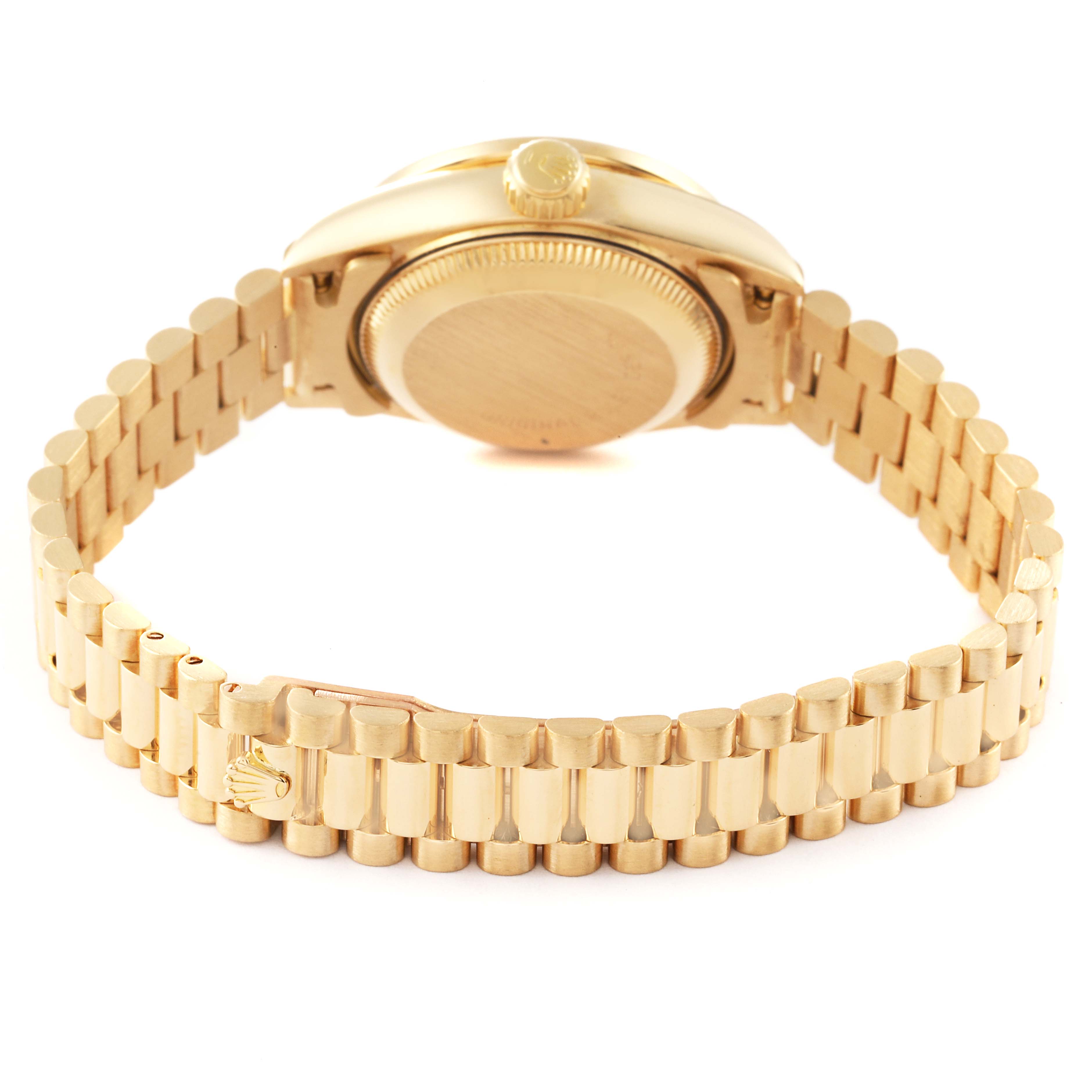 This image shows the back and bracelet of the Rolex President 69088 Women
s Yellow Gold Champagne Dial 69088 Women
s Yellow Gold Champagne Dial model watch at a slightly angled rear view.