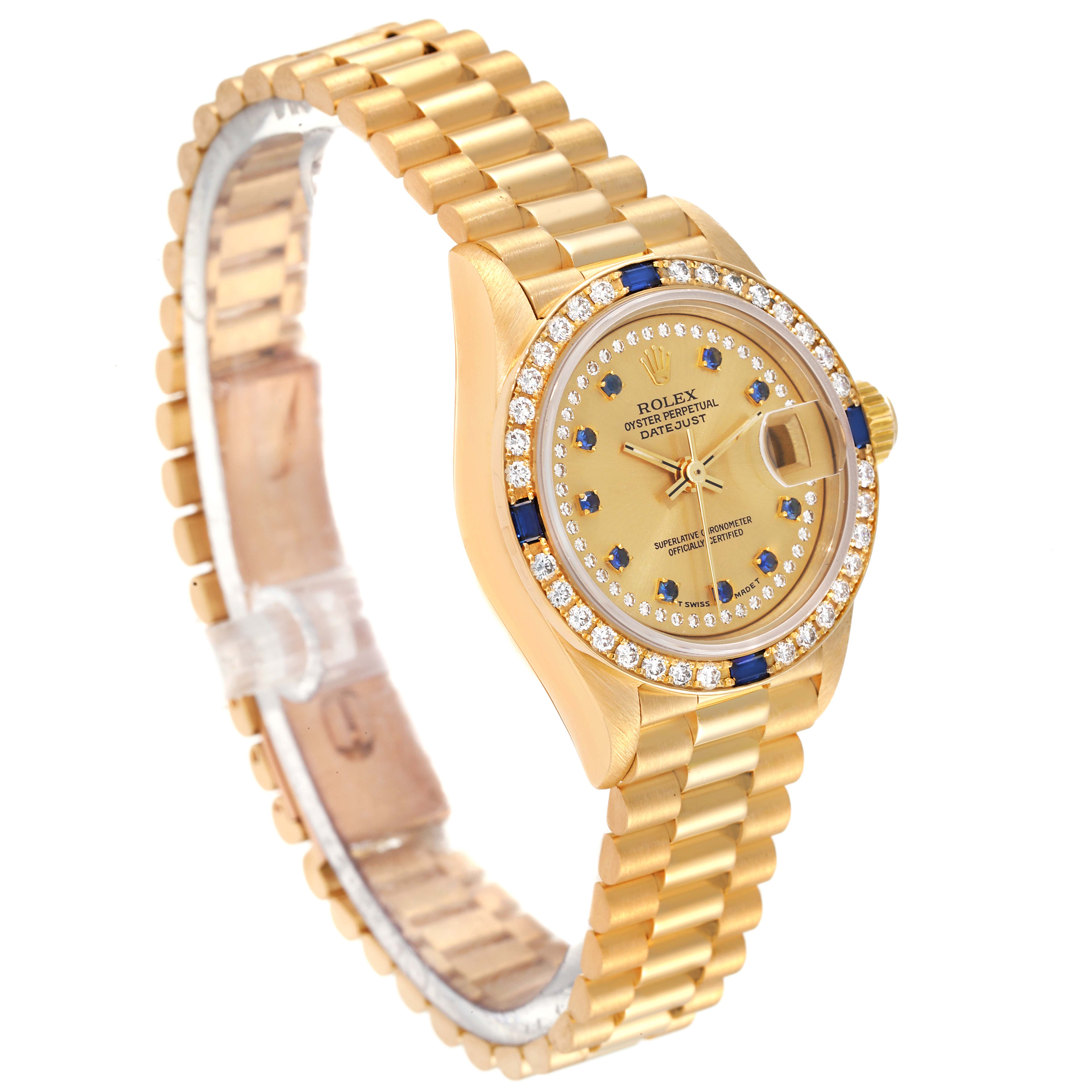 The Rolex President 69088 Women
s Yellow Gold Champagne Dial 69088 Women
s Yellow Gold Champagne Dial model watch is shown from an angled side view, displaying the dial, bezel, and gold bracelet.