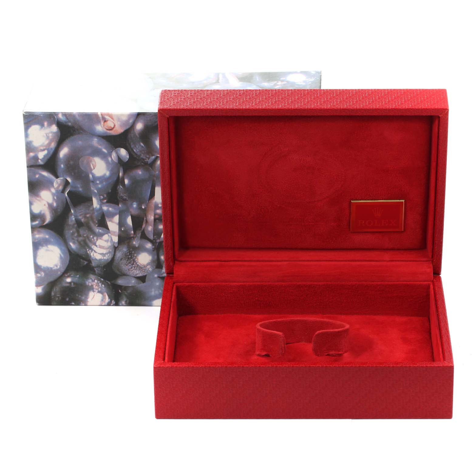 The image shows an open, empty Rolex President 69088 Women
s Yellow Gold Champagne Dial 69088 Women
s Yellow Gold Champagne Dial model watch box in red, displayed at a straight-on angle with the outer box in the background.