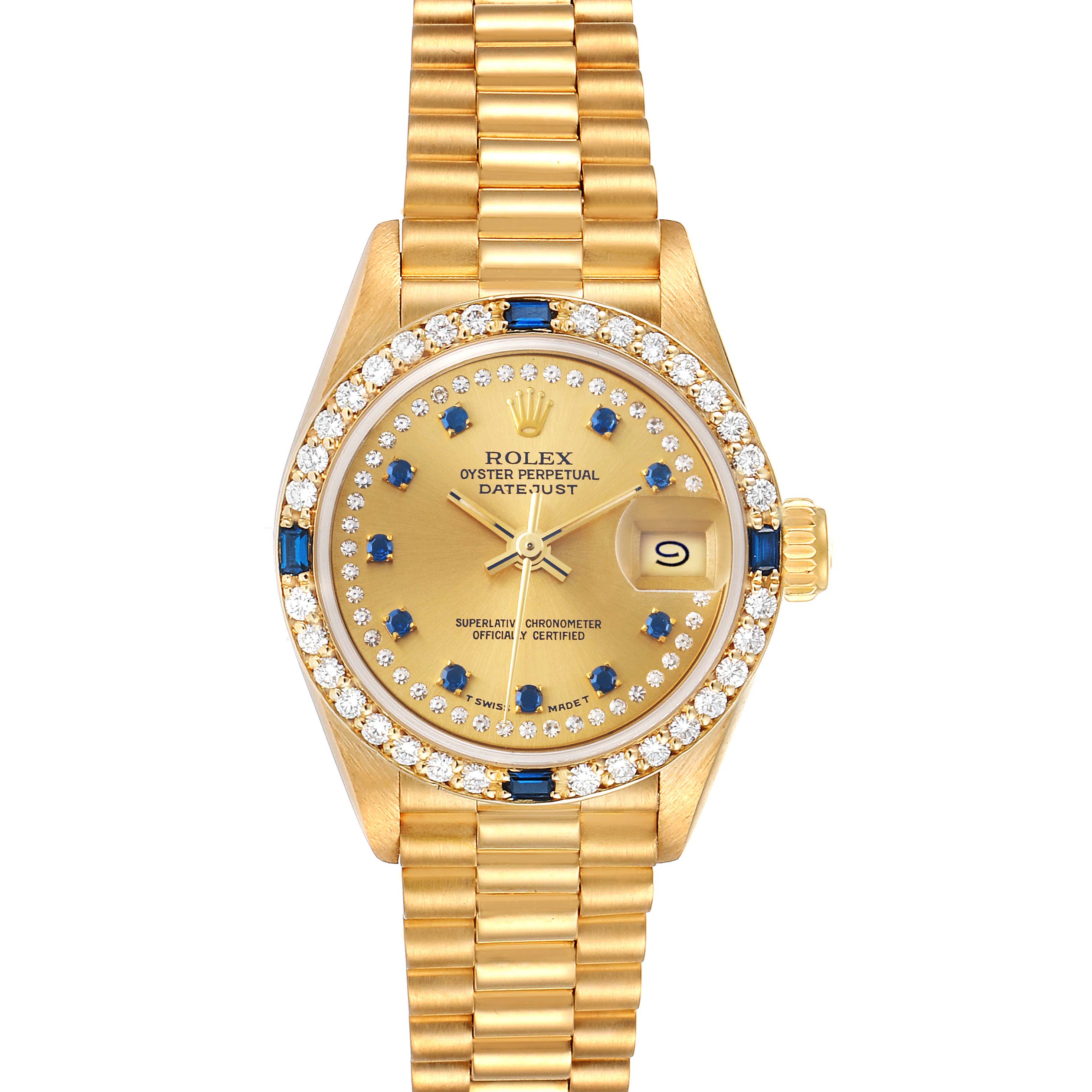 The image shows a front view of the Rolex President 69088 Women
s Yellow Gold Champagne Dial 69088 Women
s Yellow Gold Champagne Dial Datejust watch, featuring its dial, bezel, and bracelet.
