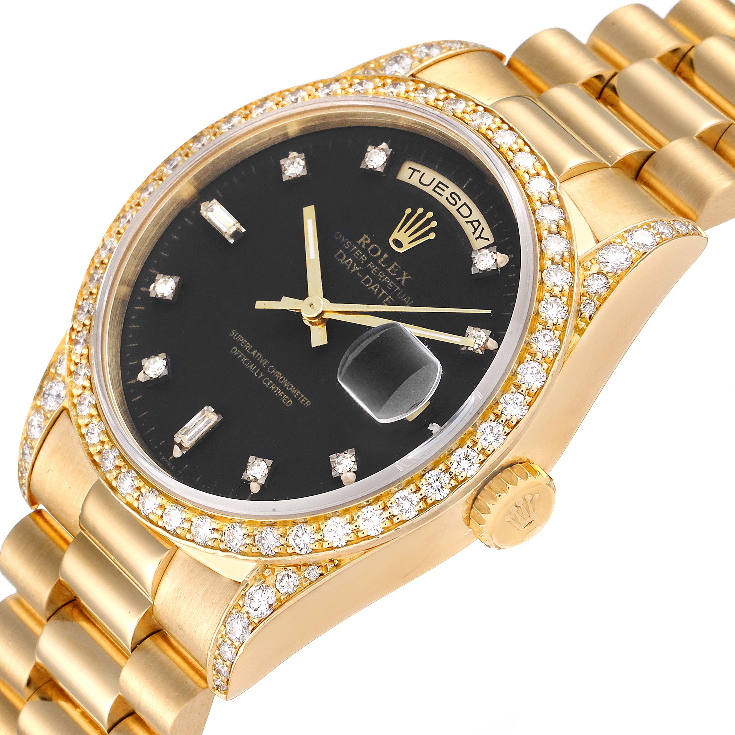 This image shows a close-up angle of a gold Rolex President 18388 Men
s Yellow Gold Black Dial 18388 Men
s Yellow Gold Black Dial model watch, featuring a black dial, diamond-set bezel, day display, and part of the bracelet.