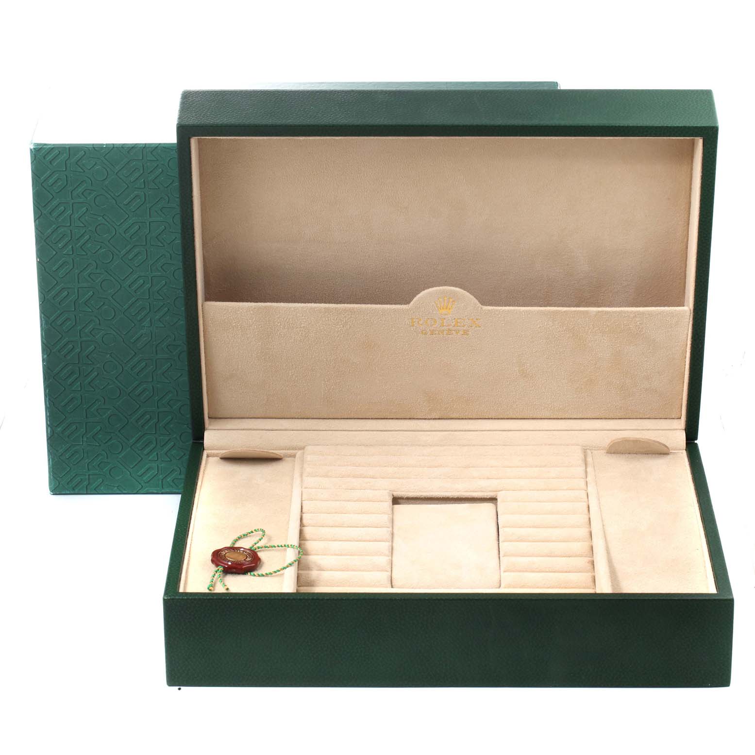 This image shows an open Rolex President 18388 Men
s Yellow Gold Black Dial 18388 Men
s Yellow Gold Black Dial watch box, displaying its inner compartments and signature branding.